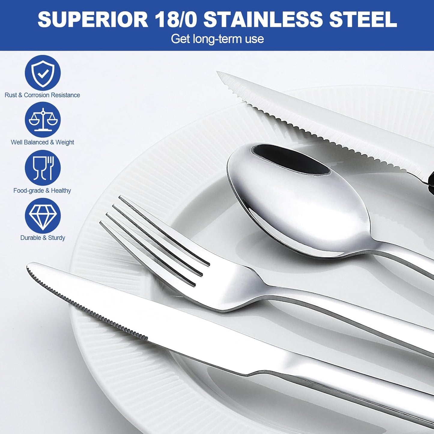 Besteck Set 36-teiliges für 6 Personen, Wildone Premium Edelstahl hochglanzpoliertes Besteck-Set, langlebiges für die Küche zu Hause, inklusive Gabel-Messer-Löffel-Set