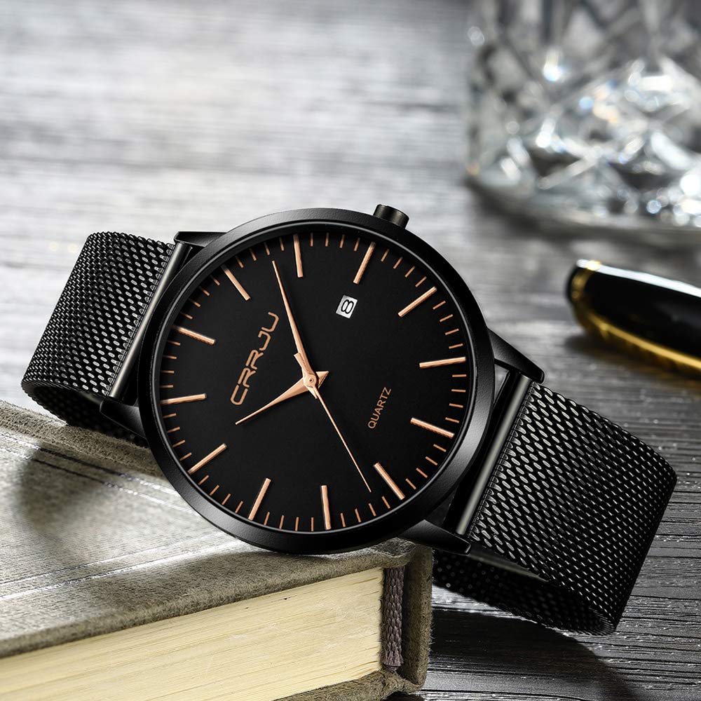 CRRJU Herren Uhr Ultra Dünne Wasserdicht Armbanduhr Herren Mode mit Schwarz Edelstahlband Mesh Analog Quarz Business Männer Uhren
