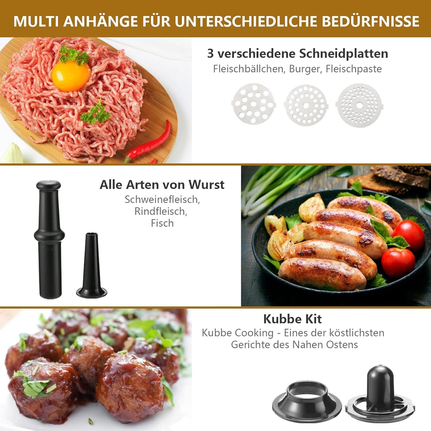 Elektrischer Fleischwolf Wurstfüller Fleischhackfleisch 2000 W 5in1: für Fleisch, Kebbe, Gemüse, Salat, Spritzgebäck | Vor-und Rücklauf | 2 Leistungsstufen