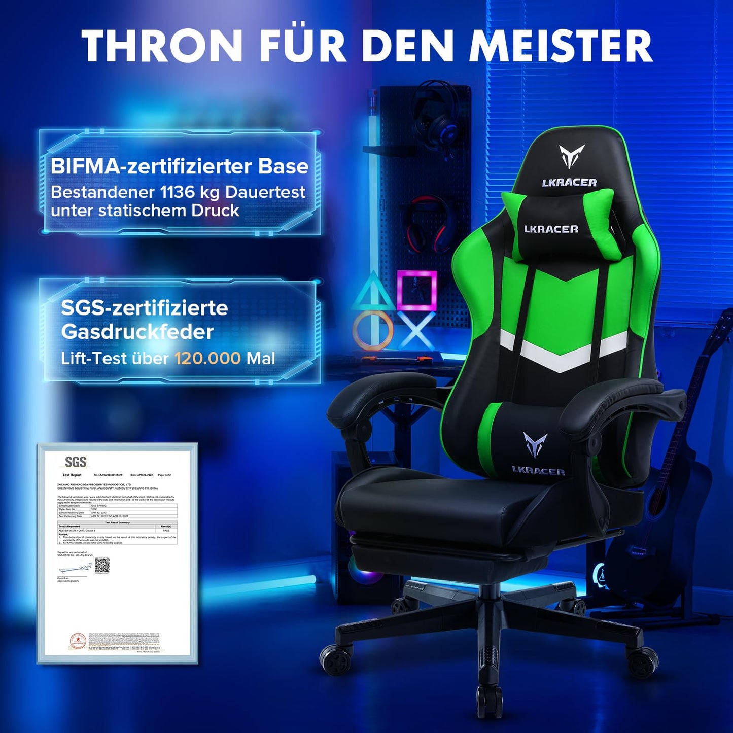 LUCKRACER Gaming Stuhl mit fußstütze Bürostuhl Ergonomisch mit verstellbare Lendenkissen, Kopfkissen Gaming Chair,Höhenverstellbarer Gamer Stuhl, 150 kg Belastbarkeit Grau