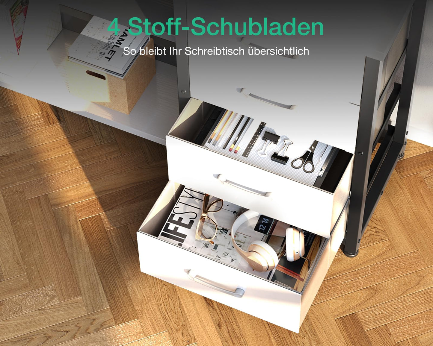 ODK Schreibtisch mit Schubladen, Reversible Eckschreibtisch mit 2 Steckdosen und 2 USB Ladeanschluss, Bürotisch L Form mit LED für Home Office 135×110cm (Schwarz)