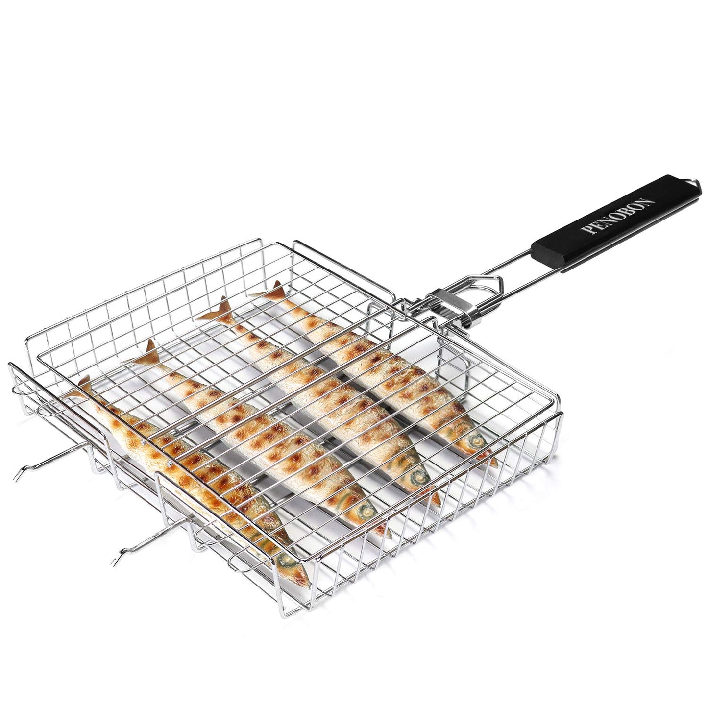 penobon Fisch-Grillkorb, faltbar, tragbarer Edelstahl-Grillkorb für Fischgemüse, Garnelen mit abnehmbarem Griff, mit Backpinsel und Aufbewahrungstasche (Tipo 1)