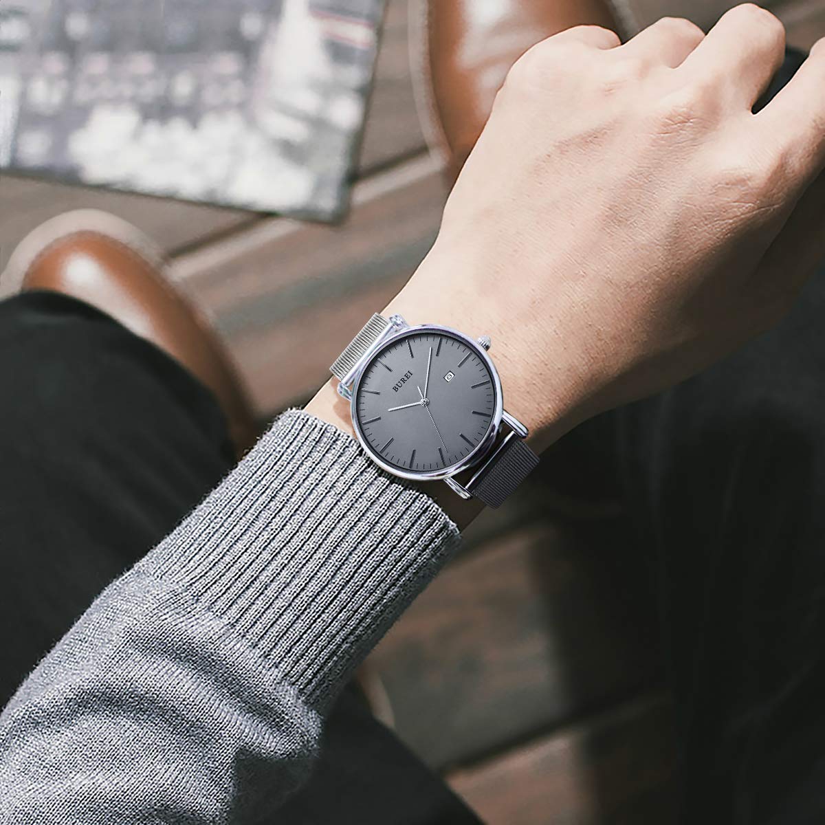 BUREI Ultra Dünne Uhren Herren Schwarze Analoges Datum Armbanduhr Herren mit Japanisches Quarzwerk, Geschenke für Männer