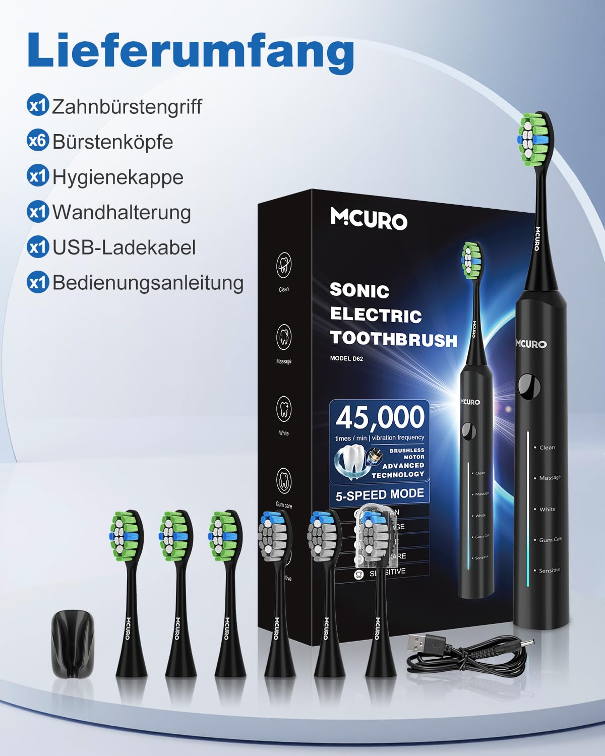 Elektrische Zahnbürste, Schallzahnbürste, Zahnbürste Elektrisch 45000VPM, Aufhellung Der Zähne In 1 Woche, 120 Tage Akkulaufzeit, Batteriestandsanzeige, 6 DuPont-Bürstenköpfe, 5 Modi, Timer, Schwarz