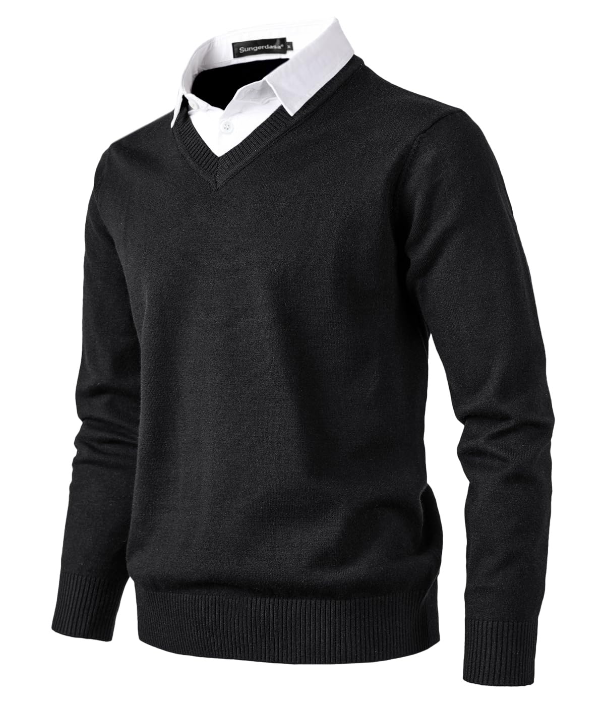 Sungerdasa Men’s 2-in-1 Mock Shirt Collar Sweater – Fine Knit Pullover