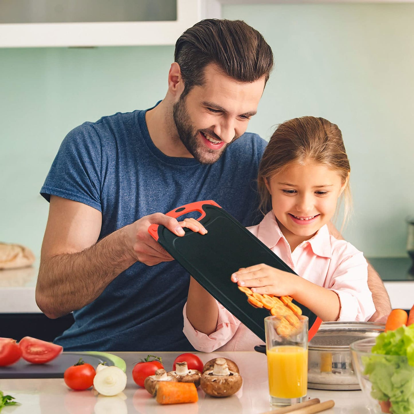 Schneidebrett Set 3 Stück | Schwarz Schneidebrett Kunststoff mit Saftrillen und rutschfeste Griffe | Schneidebretter Groß Antibakteriell | Küchenbrett BPA-Free für die Küche Obst/Gemüse/Fleisch