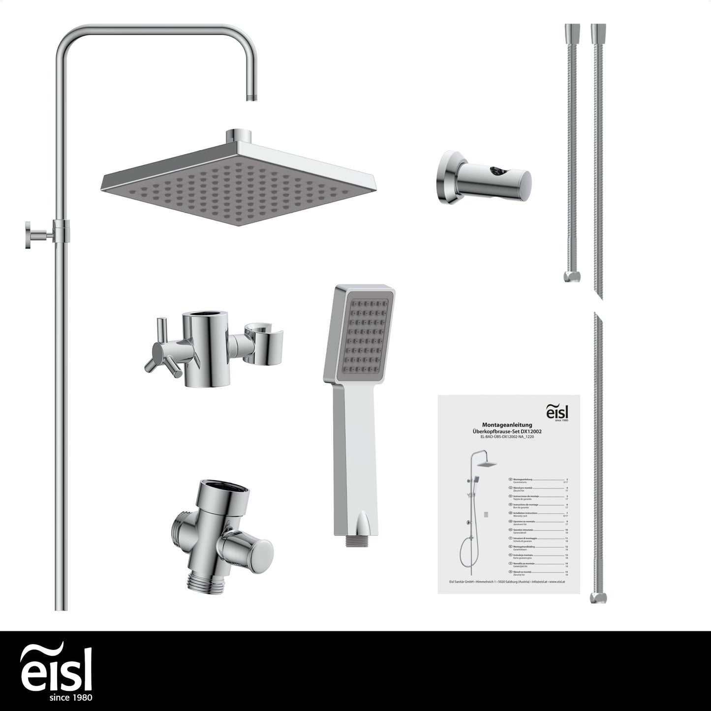 EISL Duschset EASY FRESH, Duschsystem ohne Armatur 2 in 1 mit großer Regendusche (250 x 200 mm) und Handbrause, Regendusche ohne Armatur ideal zum Nachrüsten, komplettes Montageset, Chrom DX12006