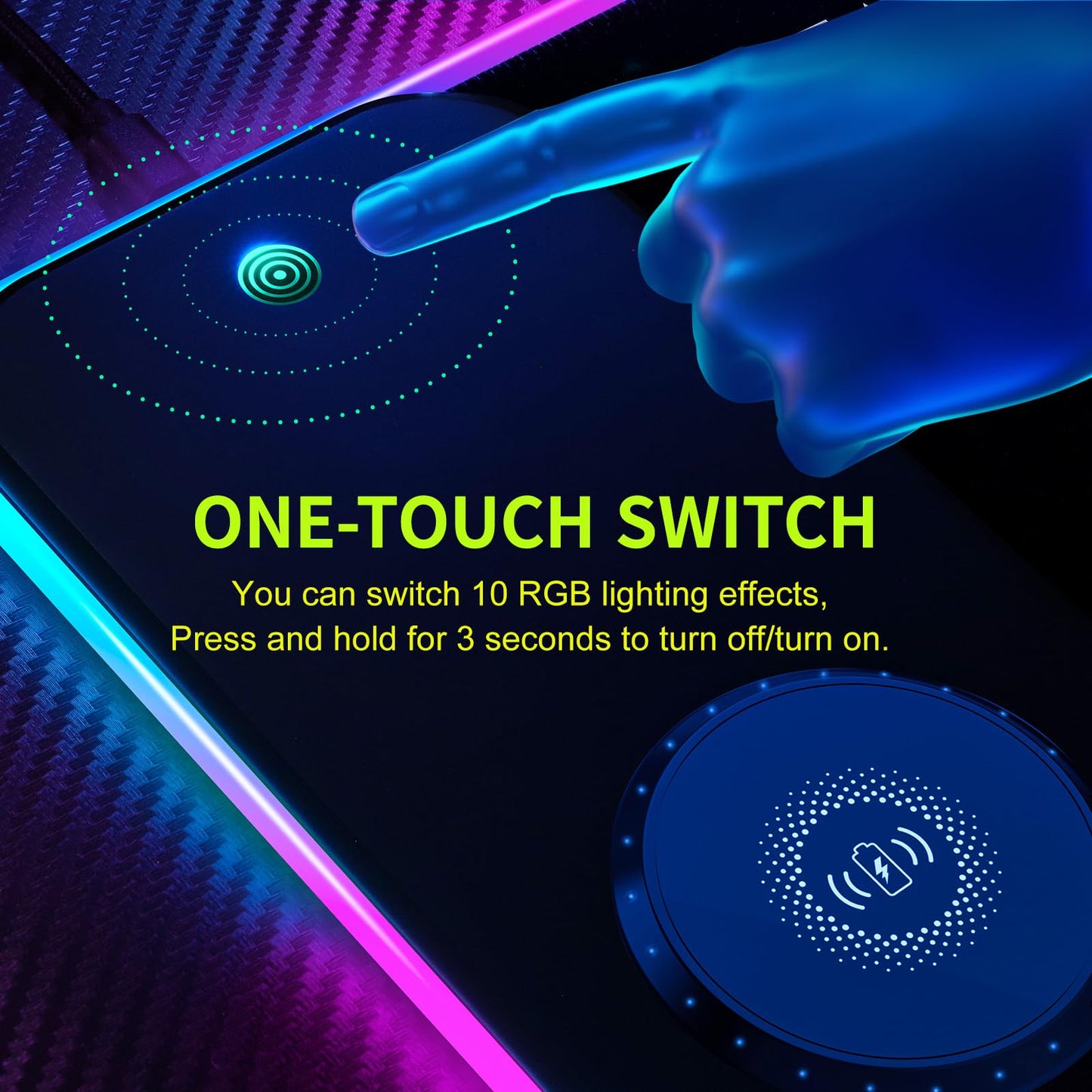 RGB Gaming Mauspad 15W Qi Mousepad LED, 10 Beleuchtungsmodi mit 15W Schnellladung Qi Kabelloses Laden für I-Phone Handy, Kopfhörer, Wasserdicht, rutschfest für Gaming, Schreibtische, PC und Büro