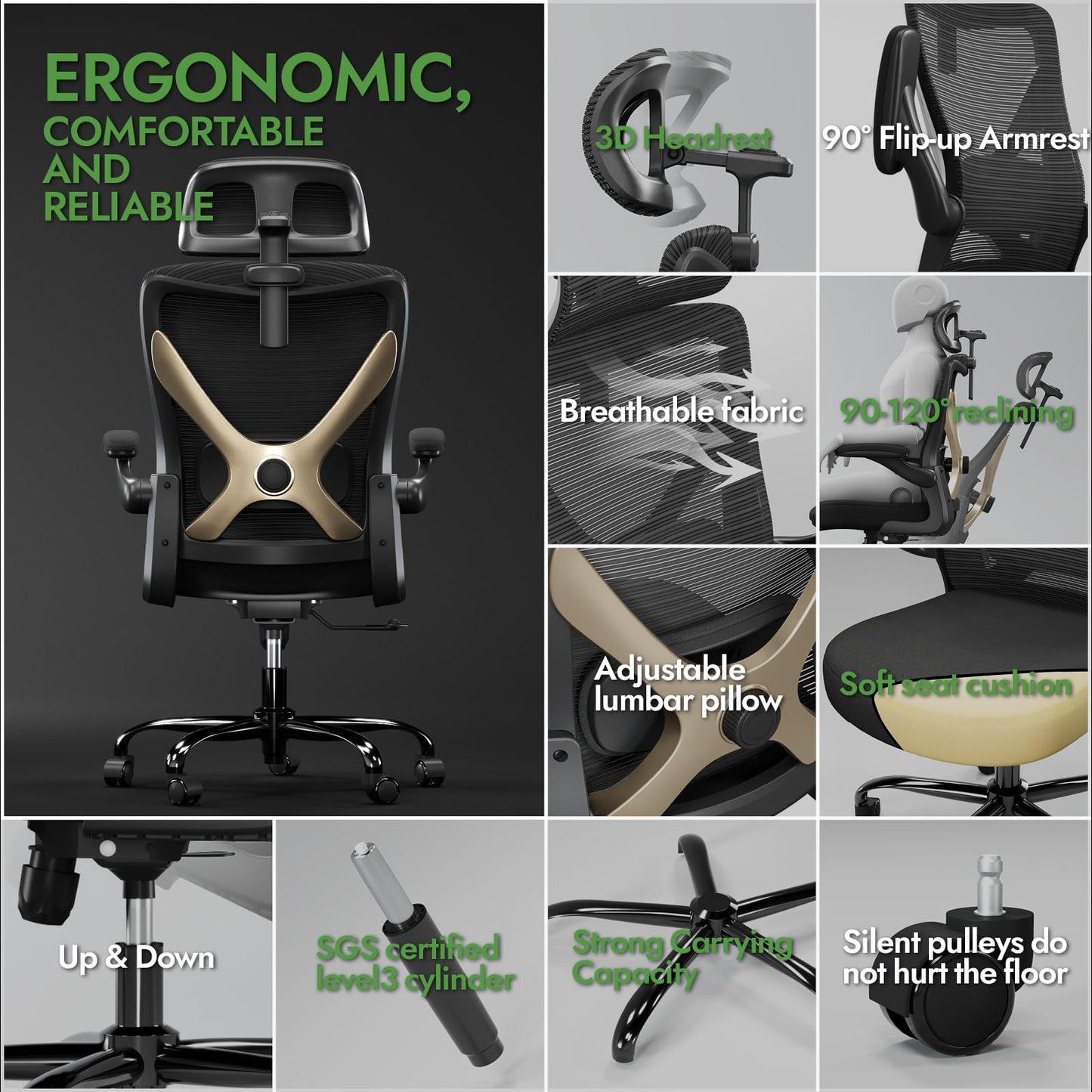 TRALT Ergonomischer Bürostuhl - X-förmiger bequemer Computer-Bürostuhl, Gaming-Stuhl, Bürostuhl mit Lendenwirbelstütze, Netz-Bürostuhl mit Kopfstütze (Grau-Silber)
