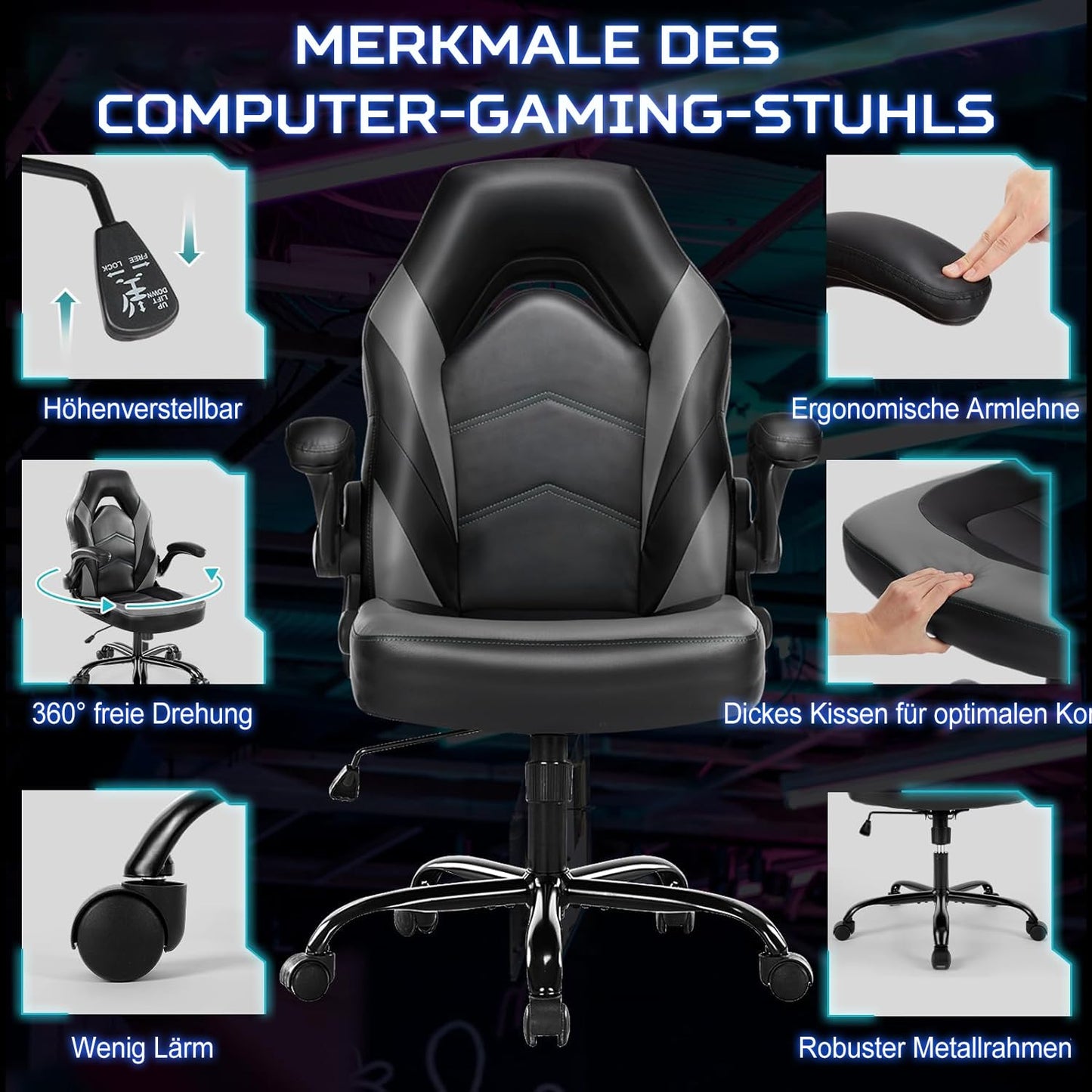 DUMOS Gaming Chair - Ergonomic Gaming Chair, Adjustable Swivel Gaming Chair Made of PU Leather with Folding Armrests, Suitable for Home, Offices etc. (Black-Gray)