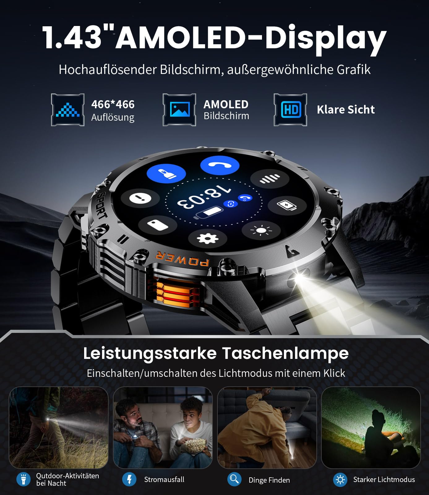 LIGE Smartwatch Herren Militär,Taschenlampe/1.43" AMOLED Sportuhr mit 500 mAh Akku/Telefonfunktion, 110+Sportmodi, IP68 Wasserdicht Smartwatch mit Herzfrequenz/Schlafmonitor für Android iOS,Schwarz