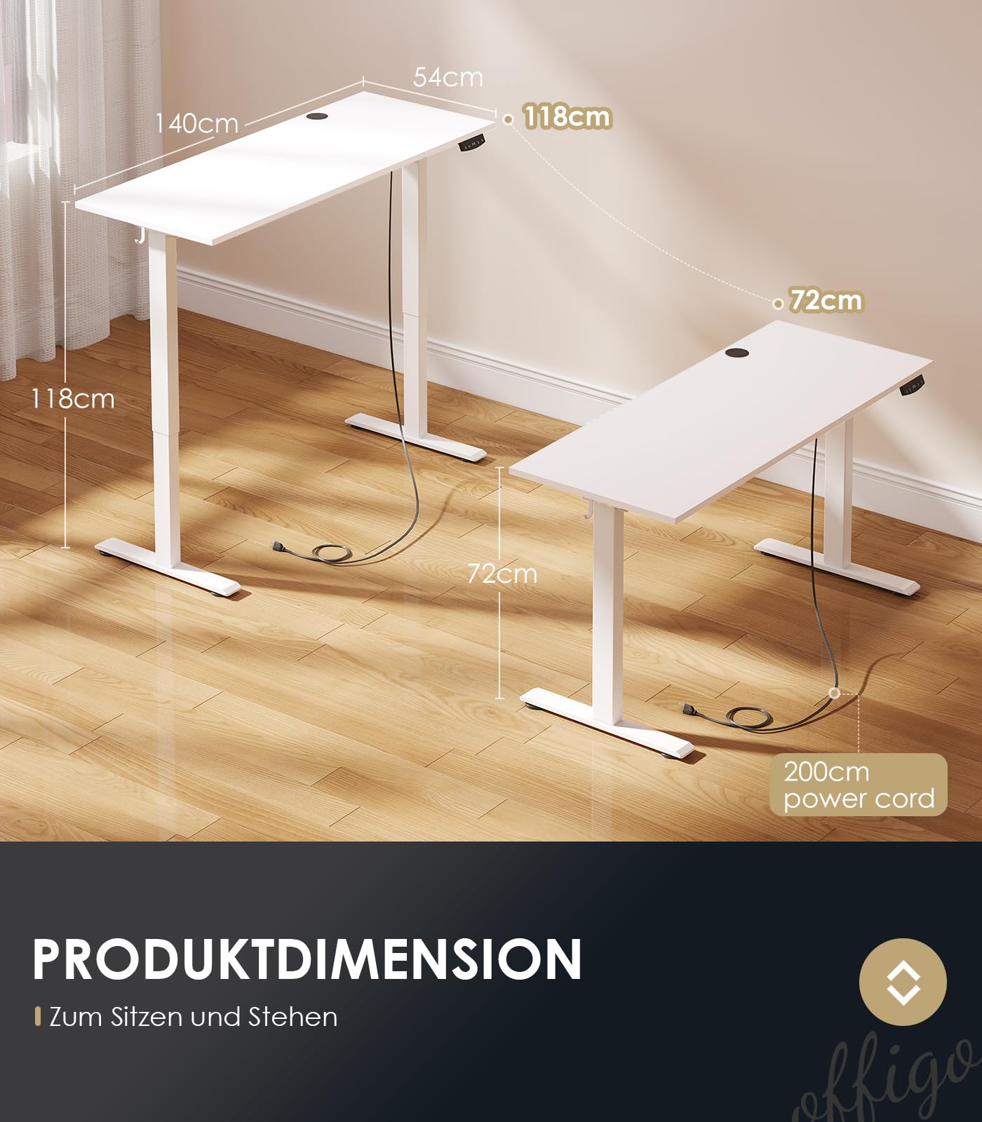 OffiGo Höhenverstellbarer Schreibtisch, 120 cm Elektrischer Schreibtisch, Ergonomischer Tisch mit Memory-Funktion, Gaming Tisch Höhenverstellbar, Moderner Computertisch für Zuhause und Büro, Weiß
