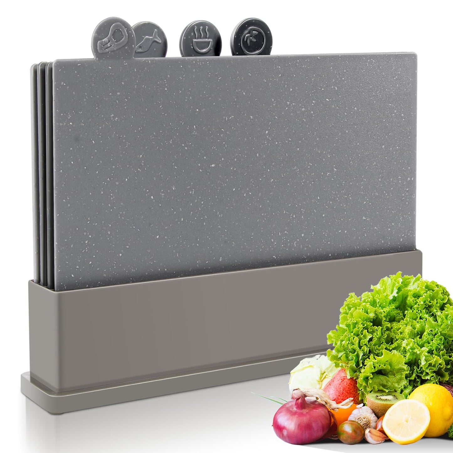 Myiosus Schneidebrett Kunststoff, 4 Stück Schneidebrett mit Griff, Rutschfest Schneidebretter für die Küche, Flexibel Schneidebrett Set mit Ständer für Gemüse, Fleisch, Obst, BPA-frei, 37.6 x 25.8cm