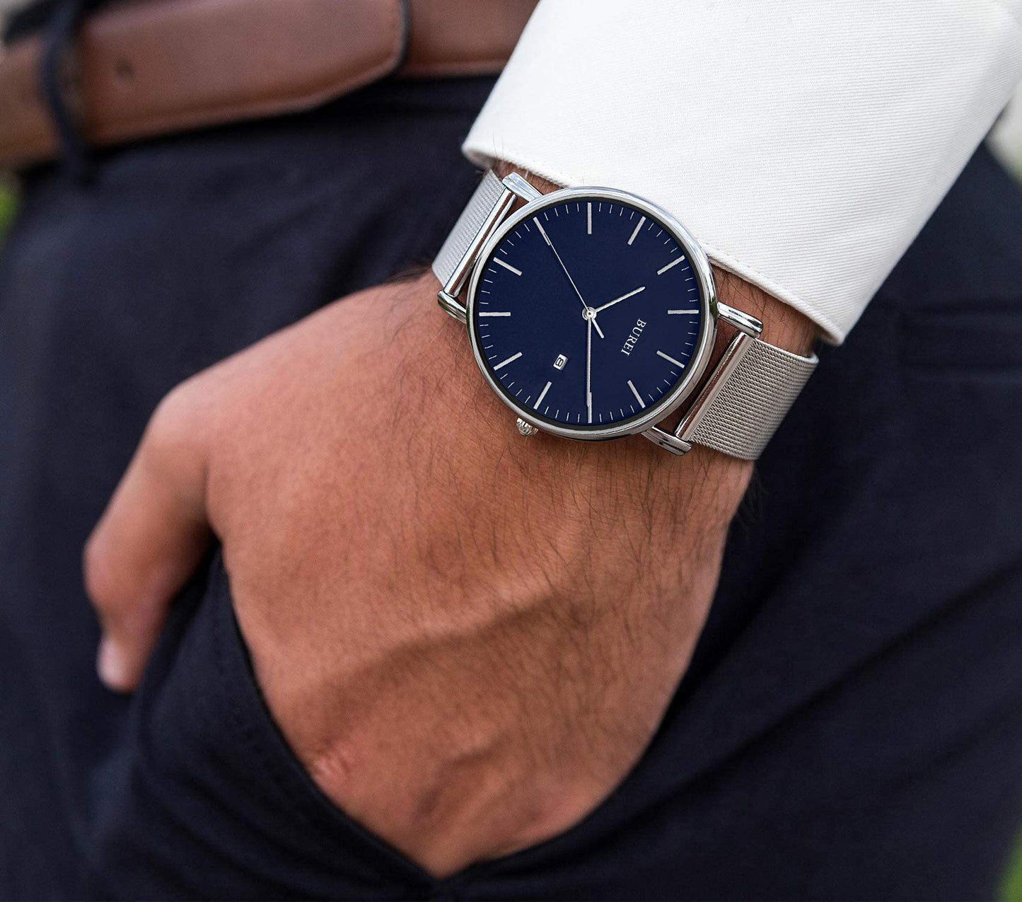 BUREI Ultra Dünne Uhren Herren Schwarze Analoges Datum Armbanduhr Herren mit Japanisches Quarzwerk, Geschenke für Männer
