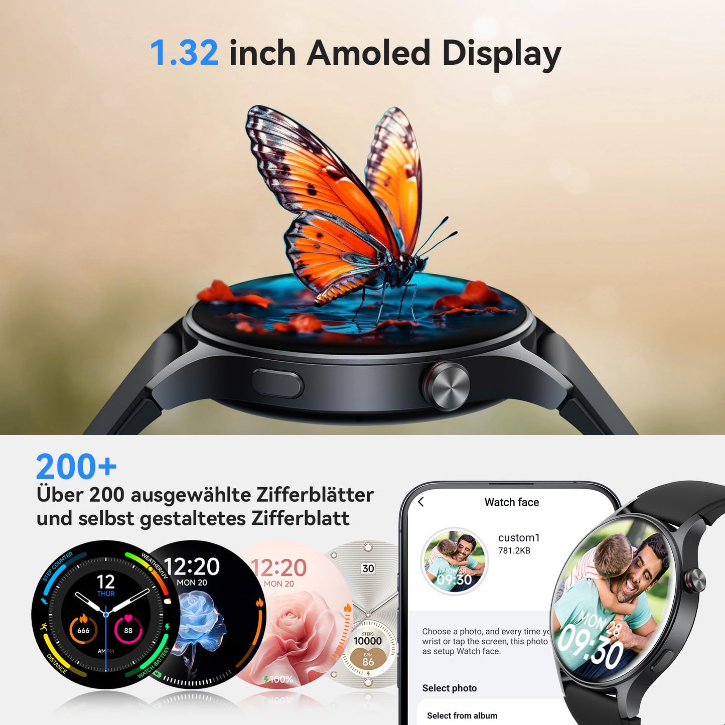 Smartwatch Herren Damen Rund mit Telefonfunktion,1.32" AMOLED Always-On-Display Uhr Herren,110+ Sportmodi Watch mit Pulsuhr Schlafmonitor,AI-Sprachassistent,IP68 wasserdicht Fitnessuhr für iOS Android