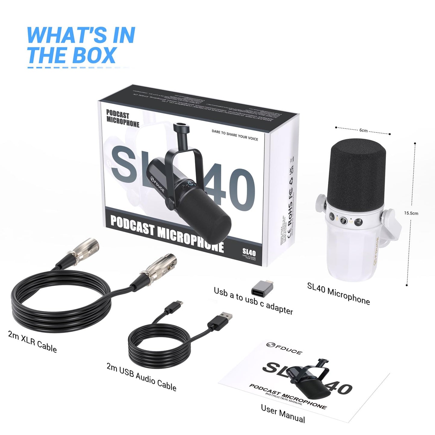 FDUCE SL40X XLR Dynamic Microphone Set for Vocal Recording, Podcasting, Gaming, Live Streaming and Broadcasting, All-Metal Microphone, Voice Isolating Technology, Black
