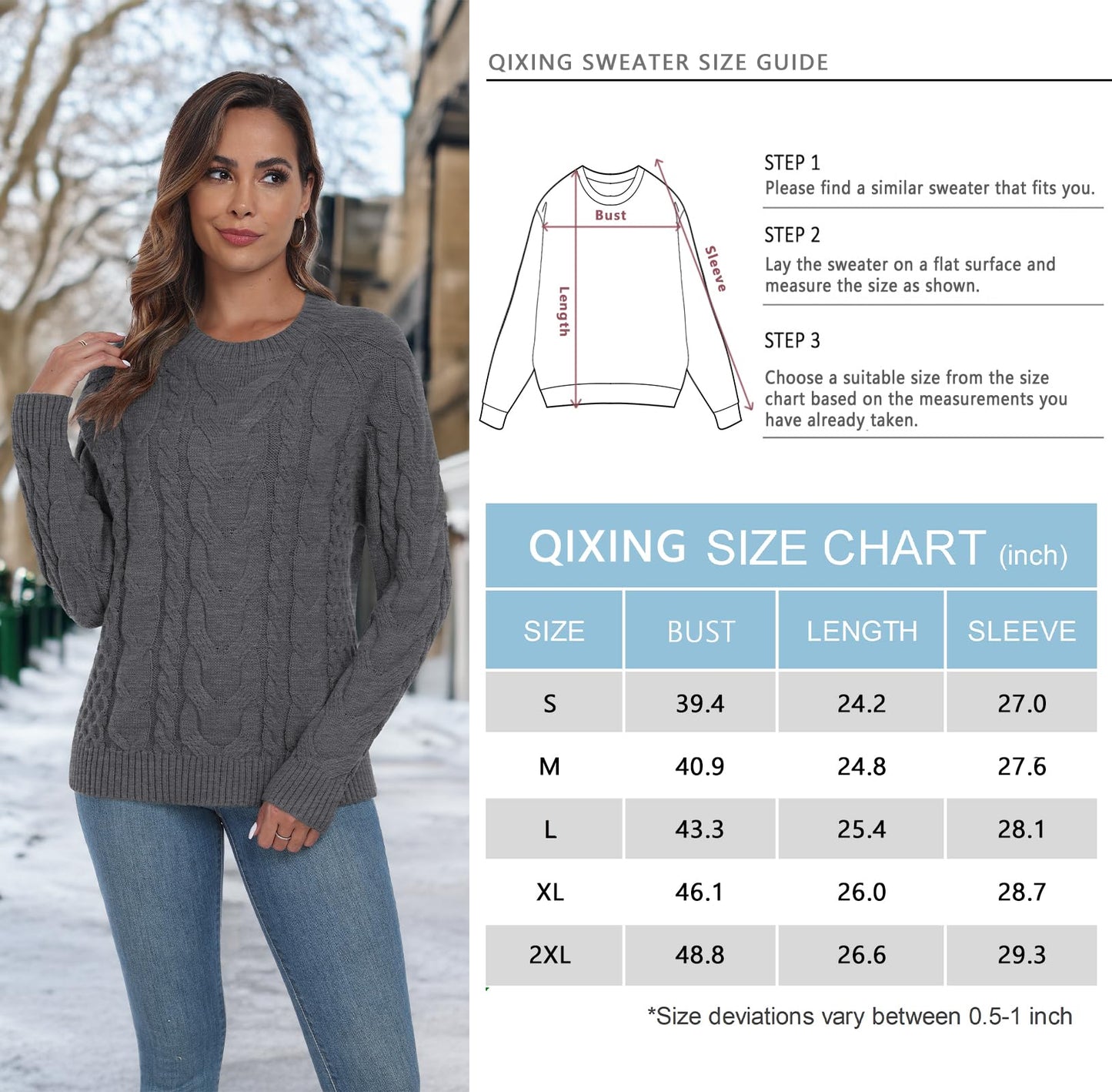 QIXING Women's Cable Knit Sweater – Elegant Long Sleeve Round Neck Winter Pullover