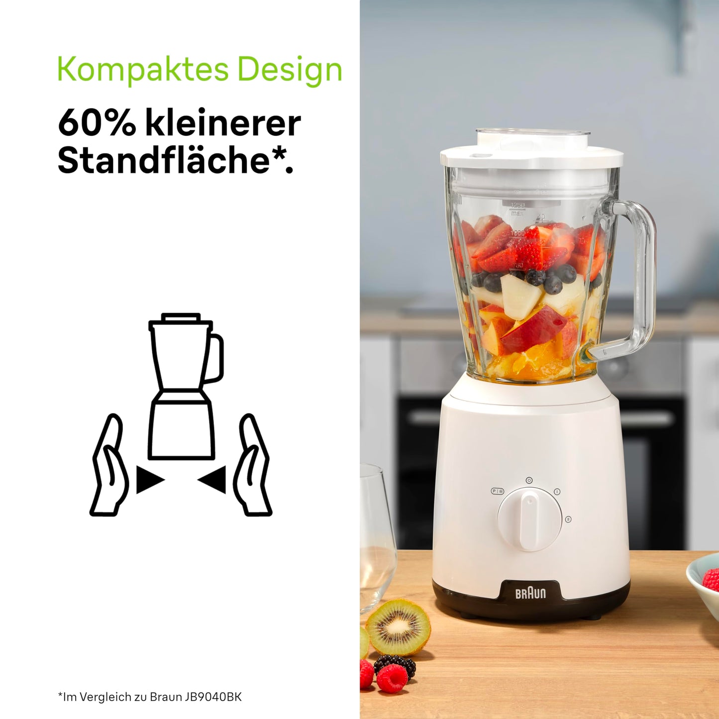 Braun PowerBlend 1 Standmixer mit 1,5 l Glas-Mixaufsatz, Küchenhelfer zum Zerkleinern, Pürieren & Mixen, Ice-Crush-Funktion, 2 Geschwindigkeiten, 600 Watt, Weiß