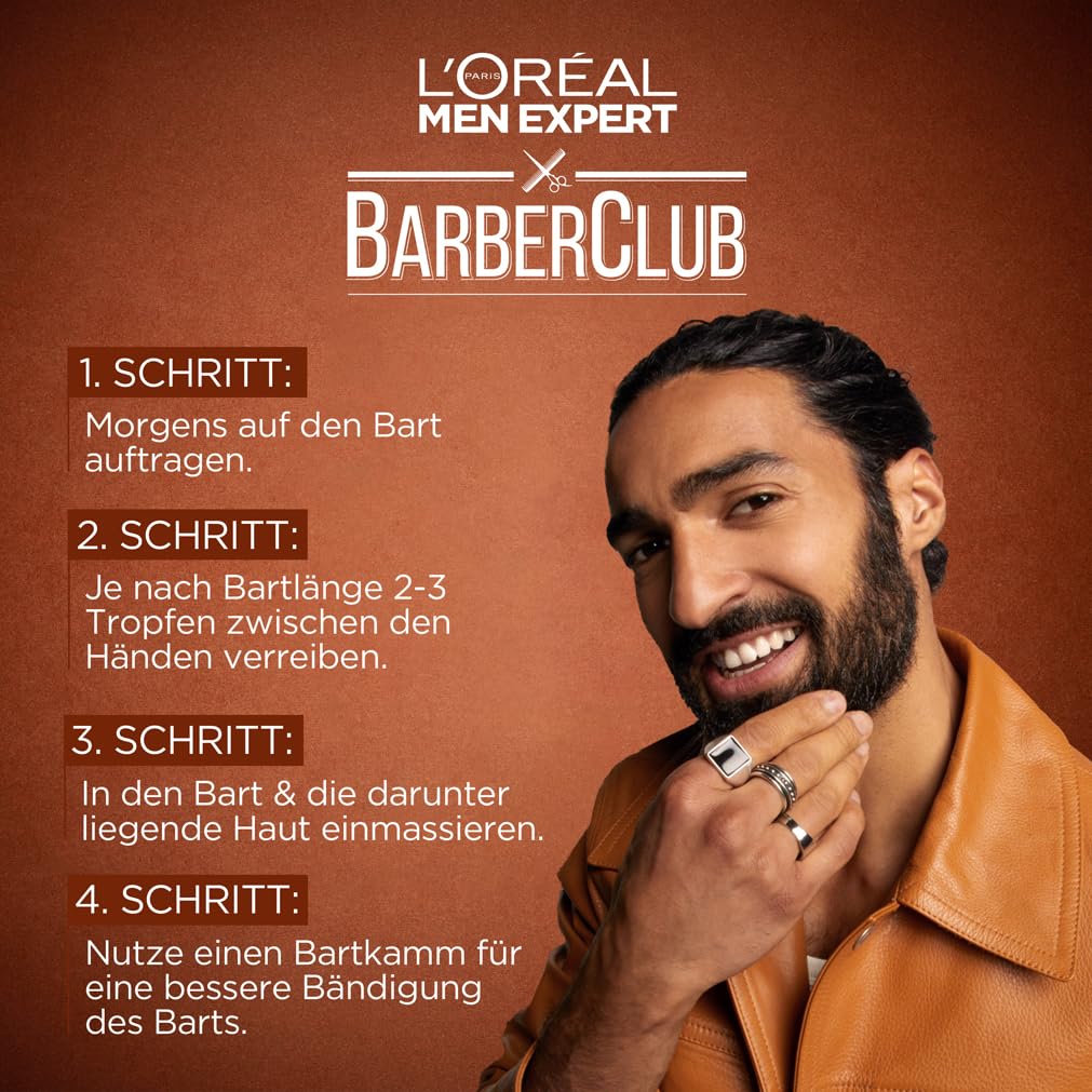 L'Oréal Men Expert XXL Bartöl für Männer, Unterstützung beim gesunden Bartwachstum, Beruhigende Bartpflege für Herren mit Zedernholzöl, Barber Club, 1 x 50 ml
