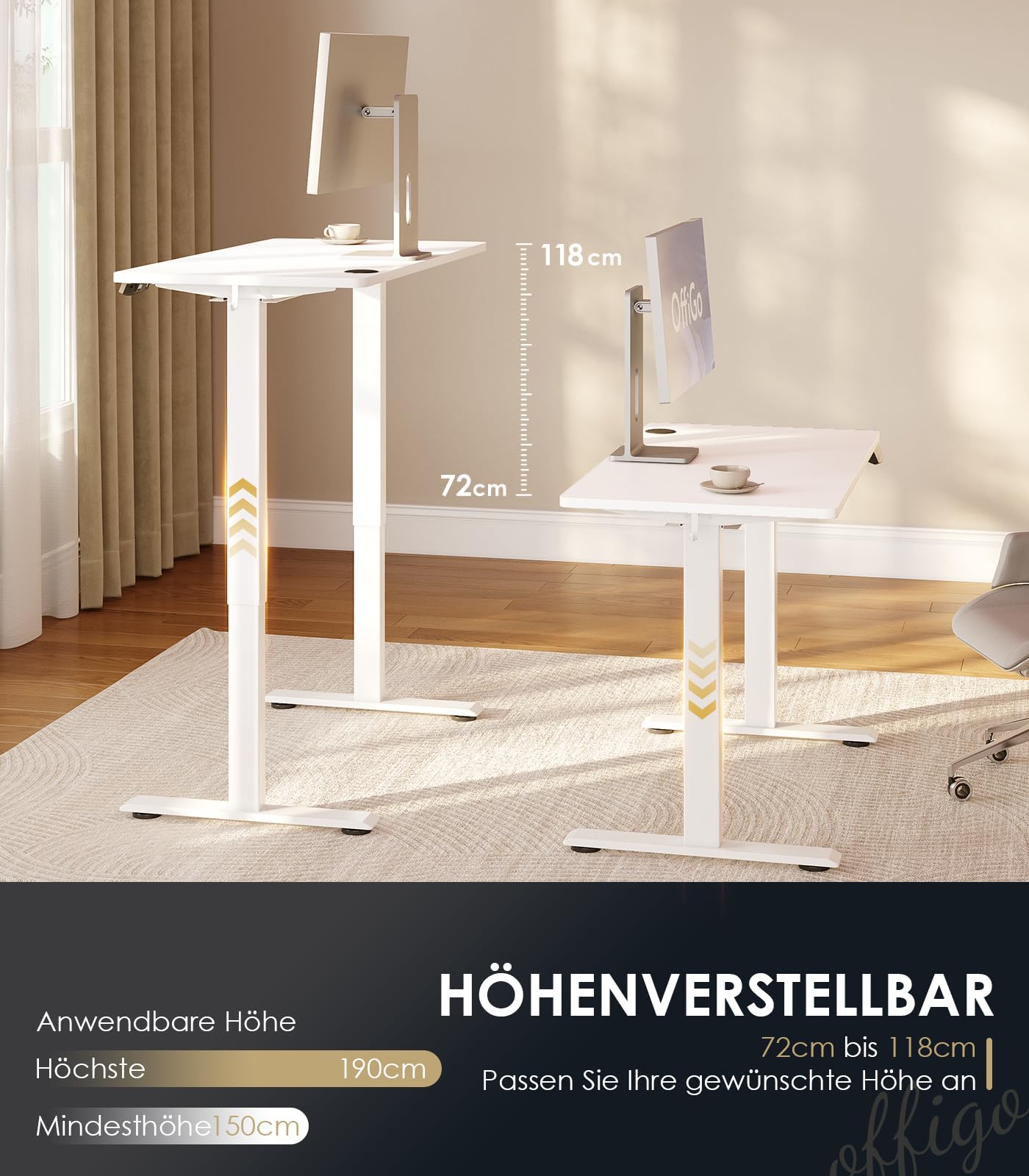 OffiGo Höhenverstellbarer Schreibtisch, 120 cm Elektrischer Schreibtisch, Ergonomischer Tisch mit Memory-Funktion, Gaming Tisch Höhenverstellbar, Moderner Computertisch für Zuhause und Büro, Weiß