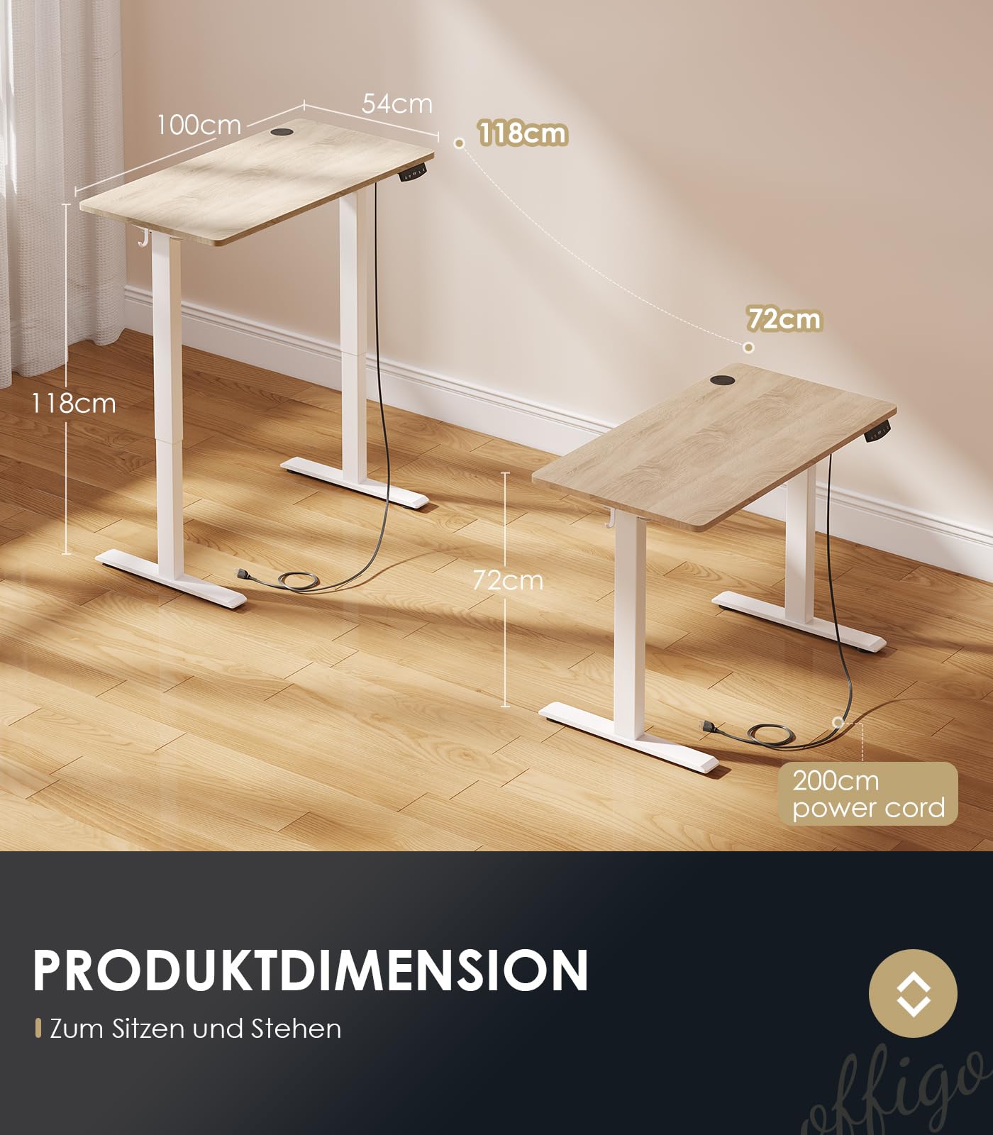 OffiGo Höhenverstellbarer Schreibtisch, 120 cm Elektrischer Schreibtisch, Ergonomischer Tisch mit Memory-Funktion, Gaming Tisch Höhenverstellbar, Moderner Computertisch für Zuhause und Büro, Weiß