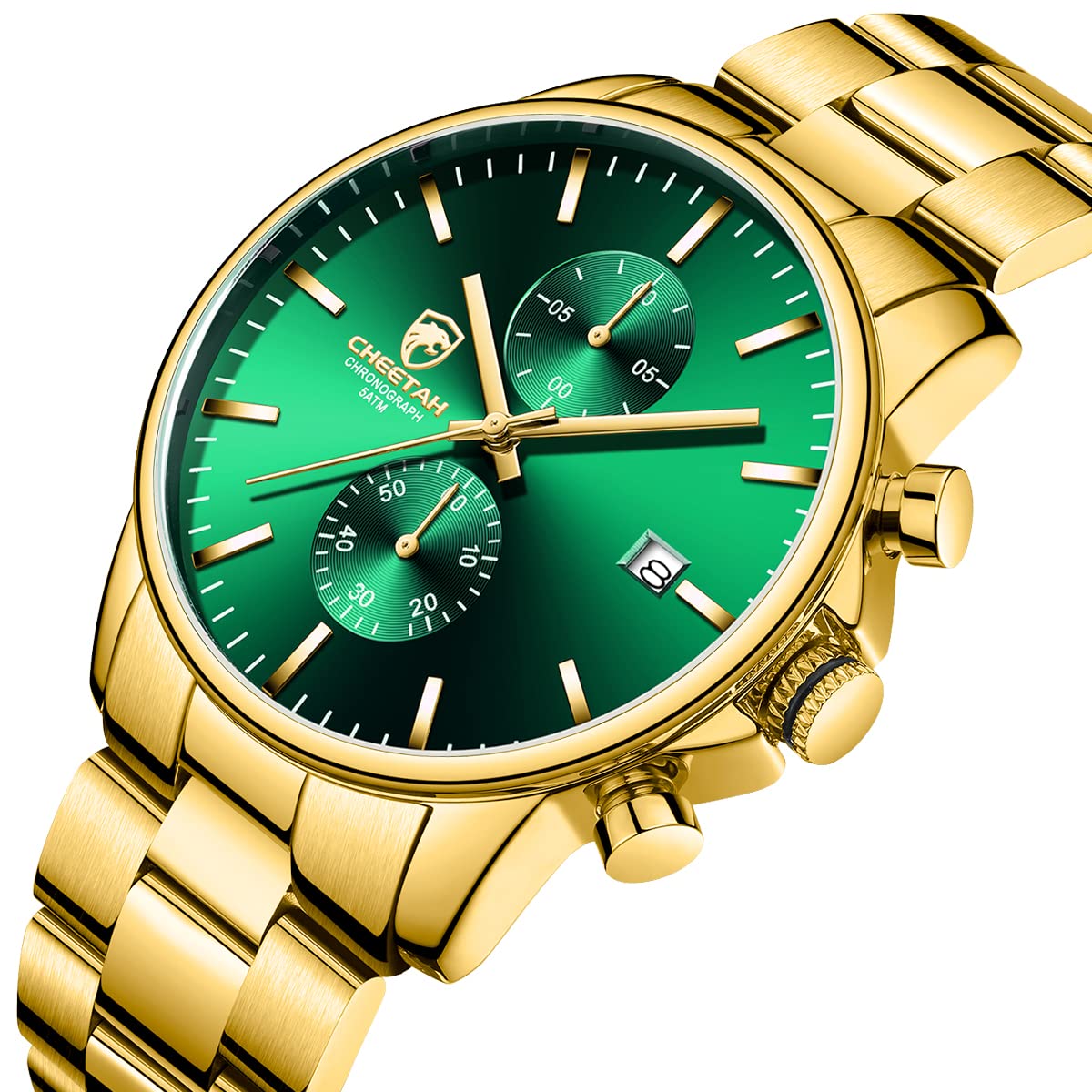 Herrenuhren mit lässiger wasserdichter Chronographen Quarzuhr aus Edelstahl und Metall, Auto Date in farbenfrohen Zeigern