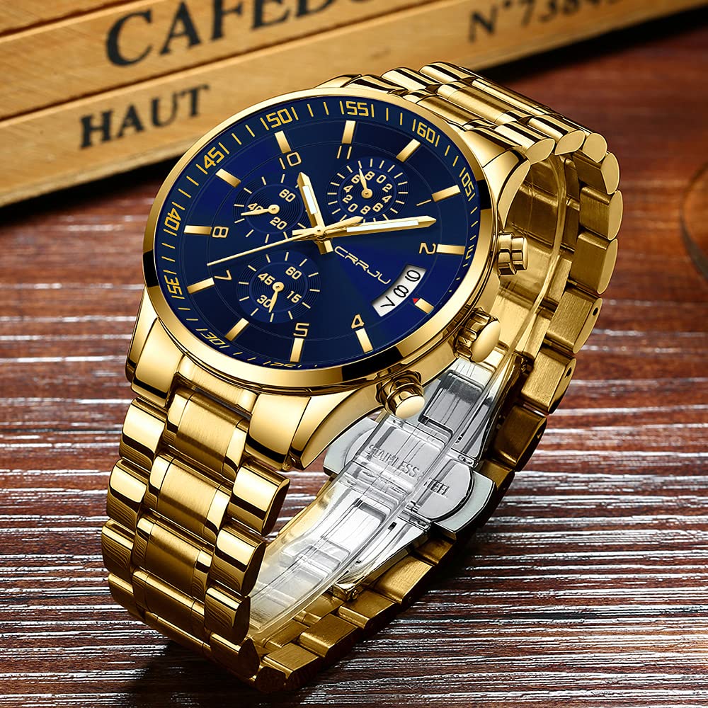 CRRJU Herren Uhr Business Edelstahl wasserdichte Chronographen mit Kalender Armbanduhr Edelstahlband Stoppuhr Analog Quarzuhr