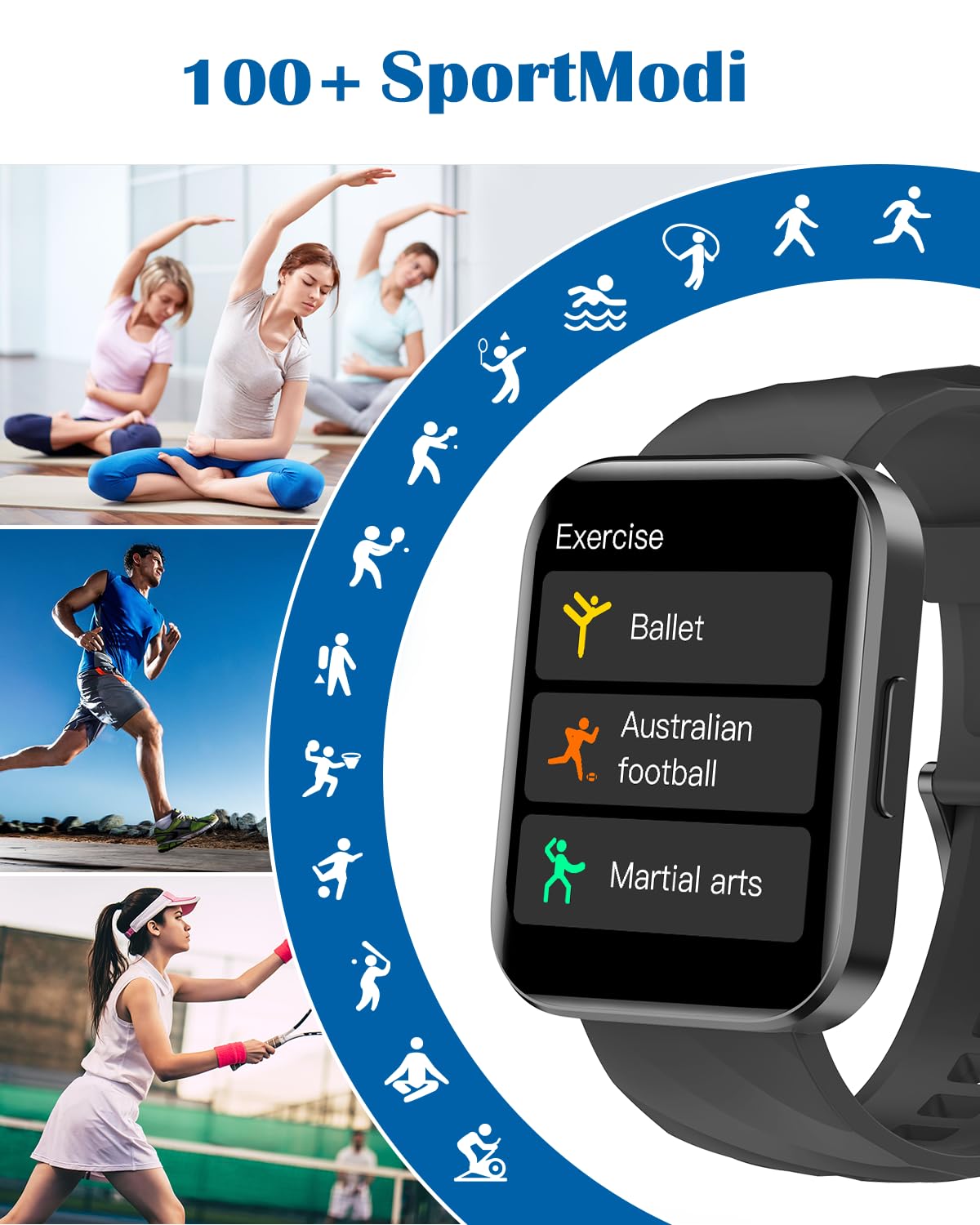 RUIMEN Smartwatch Damen Herren mit Telefonfunktion Fitnessuhr Schrittzähler Uhr mit Pulsmesser SpO2 Messung Schlafüberwachung Nachrichten Multi Trainingsmodi Smart Watch Wasserdicht Für Android iOS