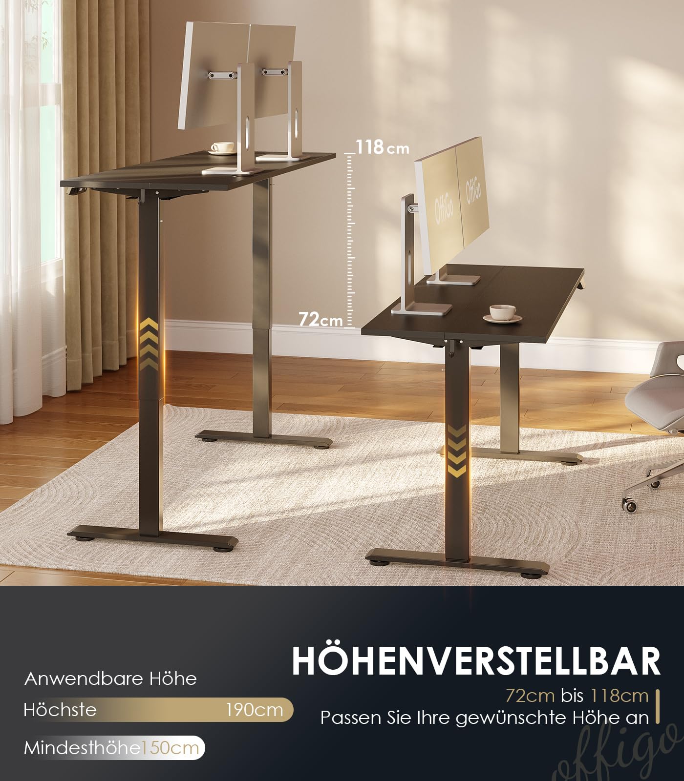 OffiGo Höhenverstellbarer Schreibtisch, 120 cm Elektrischer Schreibtisch, Ergonomischer Tisch mit Memory-Funktion, Gaming Tisch Höhenverstellbar, Moderner Computertisch für Zuhause und Büro, Weiß