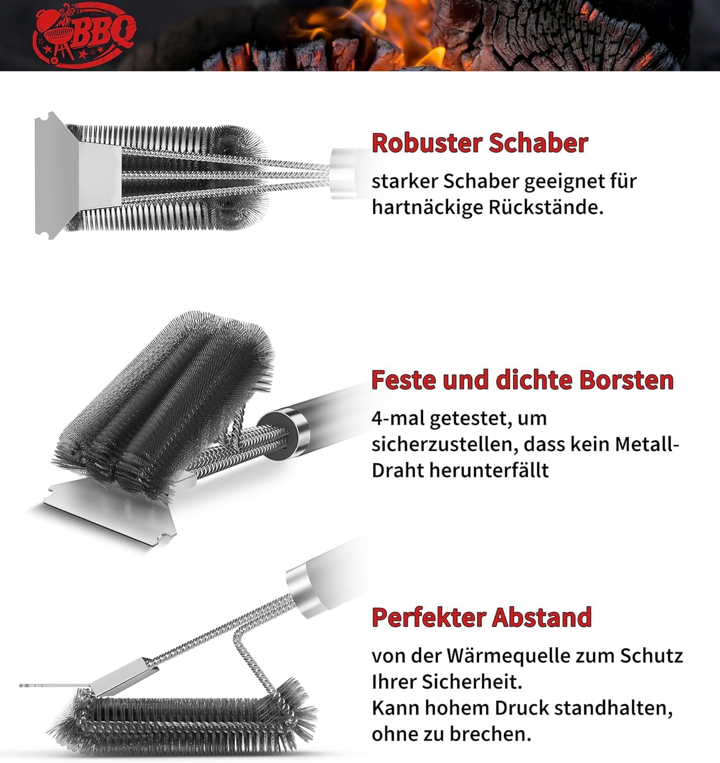 Grillbürste, TNTOR Grill Reinigungsbürste mit Extra Langer Edelstahl Borsten, Edelstahl Spatel und PP Wärmedämmung Griff, für Gasgrill, Holzkohlegrill, Kugelgrill, Elektrogrill und Grillrost.