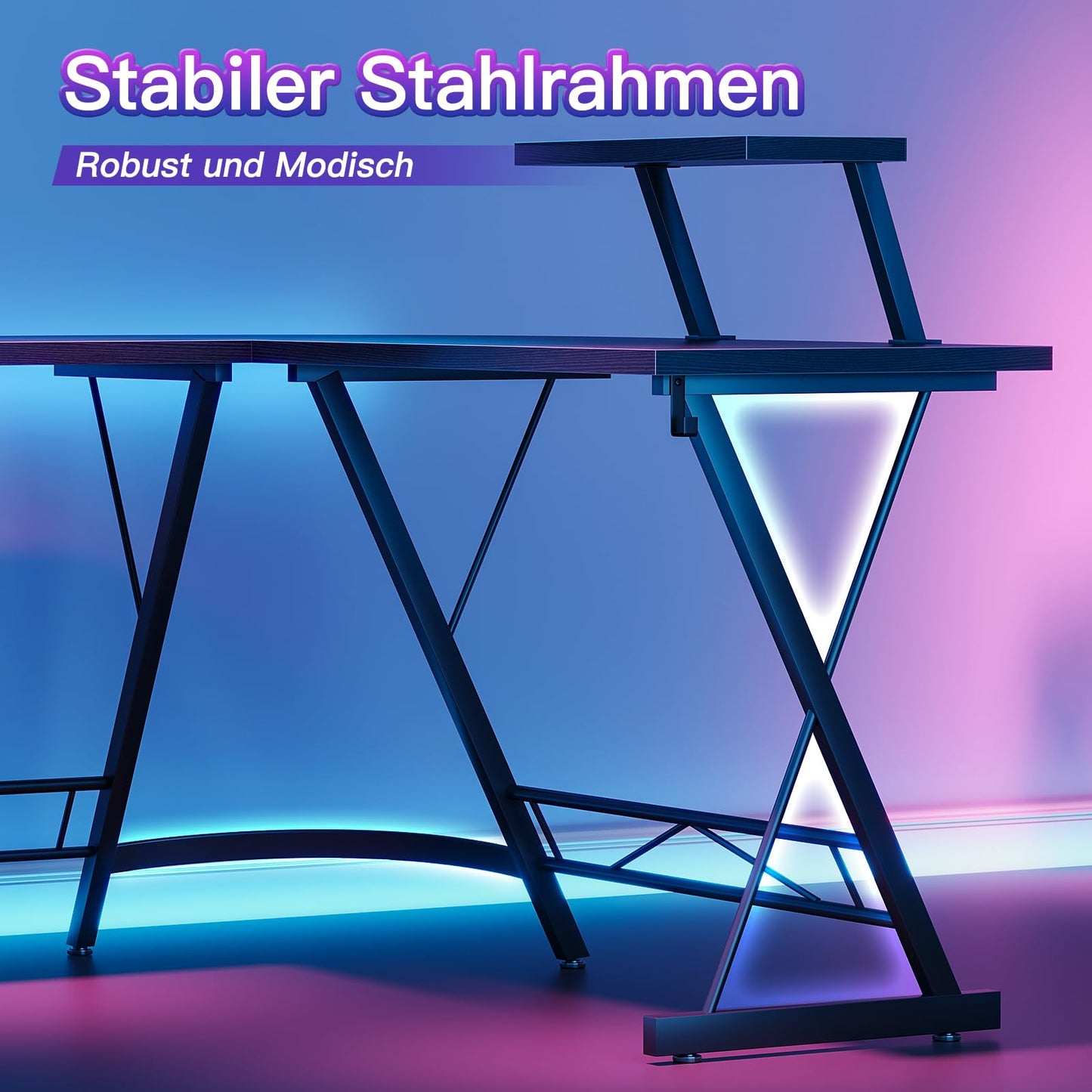ODK Gaming Tisch, Computertisch mit 2 Steckdosen und 2 USB Ladeanschluss, Gaming Schreibtisch mit runder Ecke, Gaming-Tisch mit Monitorablage, 127 x 127cm (Schwarz)