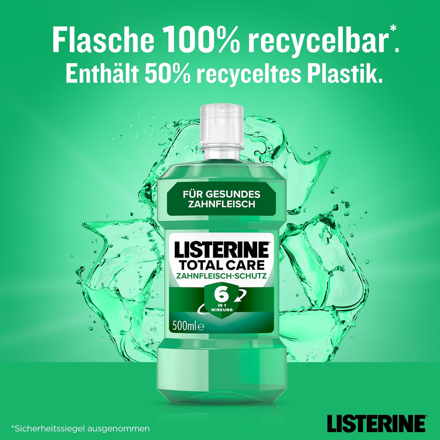 LISTERINE Total Care Zahnfleisch-Schutz (6 x 500 ml), antibakterielle Mundspülung mit Fluorid für gesundes Zahnfleisch, Zahnpflege Mundwasser reduziert Zahnbelag mit 6 in 1 Wirkung