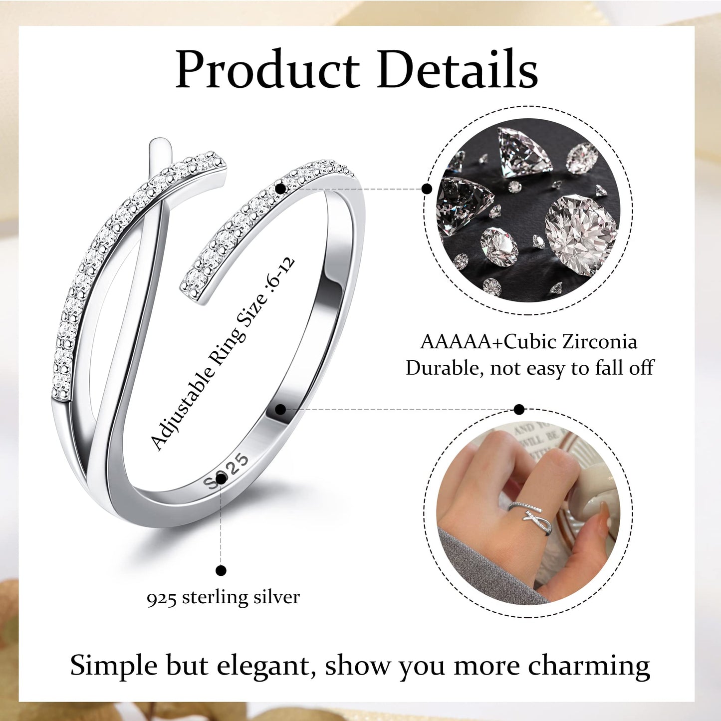 JeweBella Adjustable Open Ring for Women