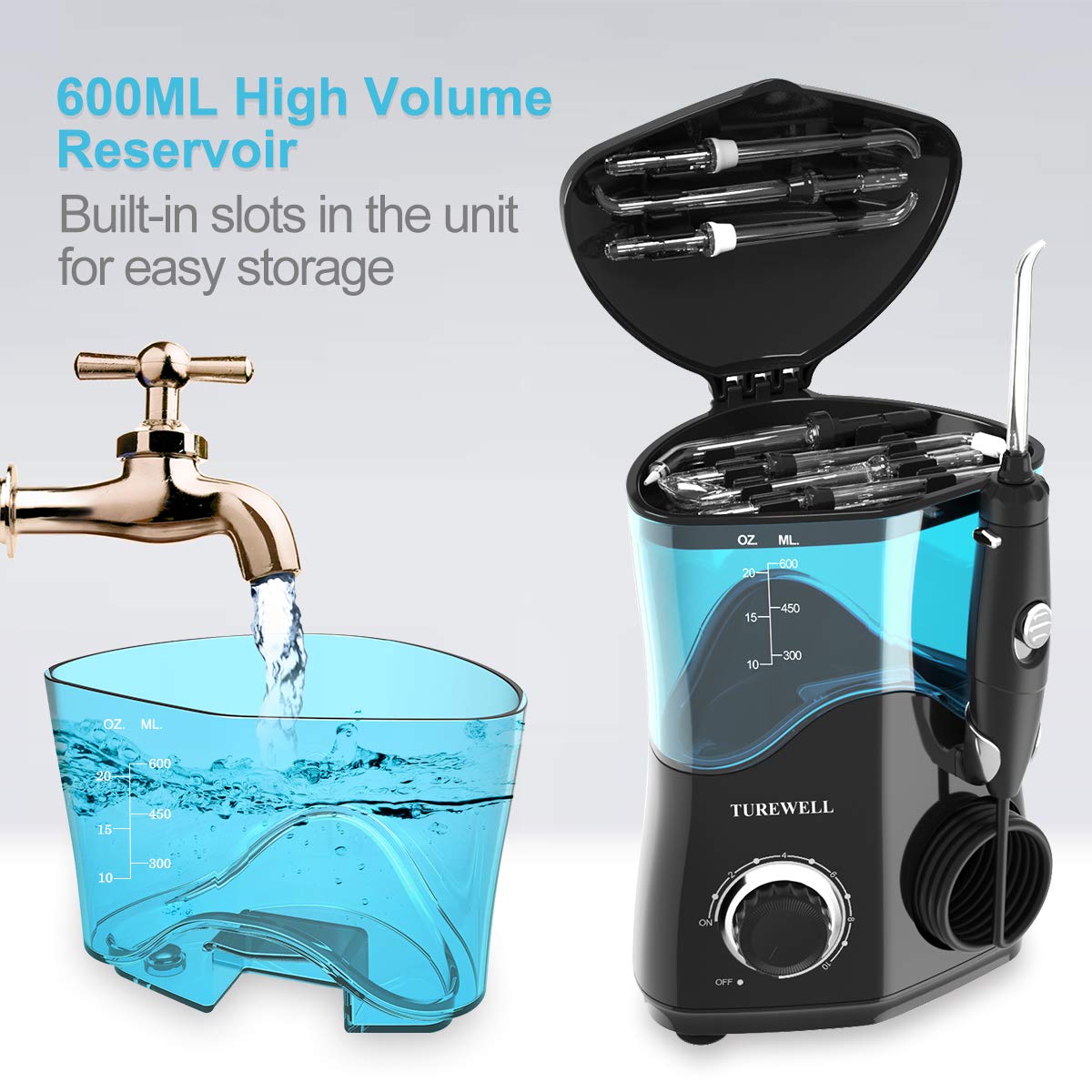 TUREWELL Elektrische Munddusche, Profi-Munddusche mit 10 einstellbaren Wasserdruckwerten, 600ml Fassungsvermögen und 8 multifunktionalen Düsenspitzen (Schwarz)