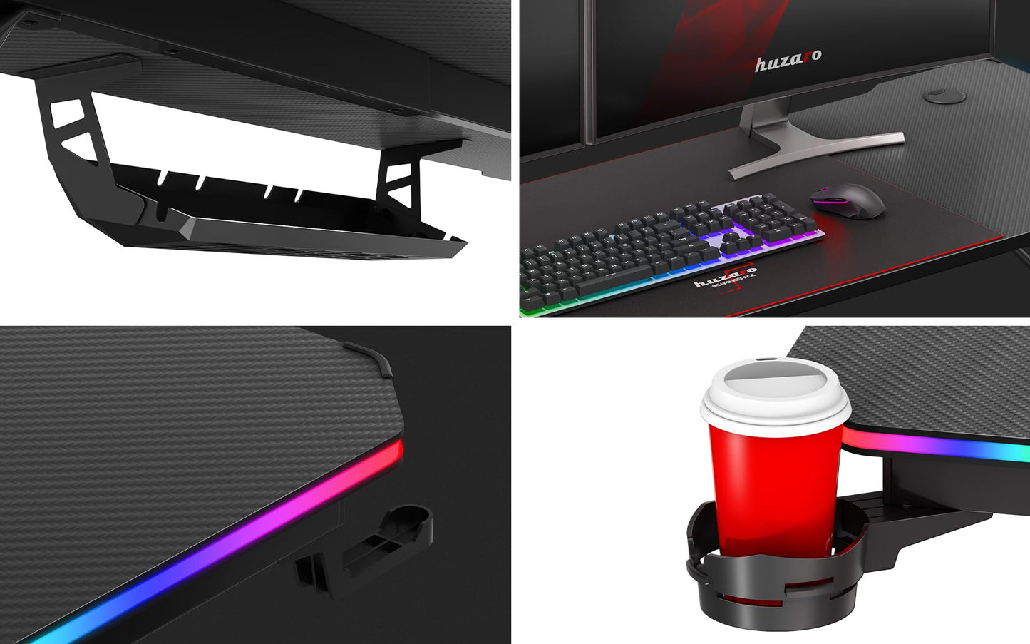 huzaro Hero 4.8 RGB | LED Gaming PC Tisch XXL Schreibtisch | Inklusive Mauspad | Kopfhörerhaken Getränkehalter | Kabelorganisator | Carbon Tischplatte | Stabiler Computertisch | 160x60cm | Schwarz