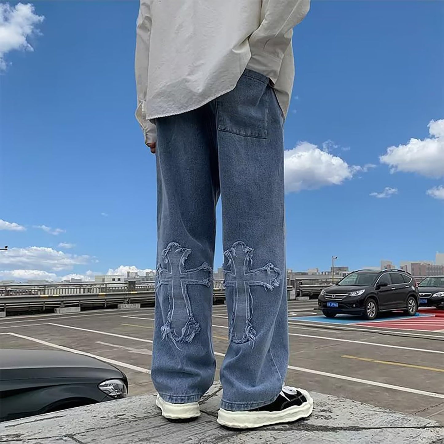 Y2K Vintage Effect Baggy Jeans for Men with Cross Print