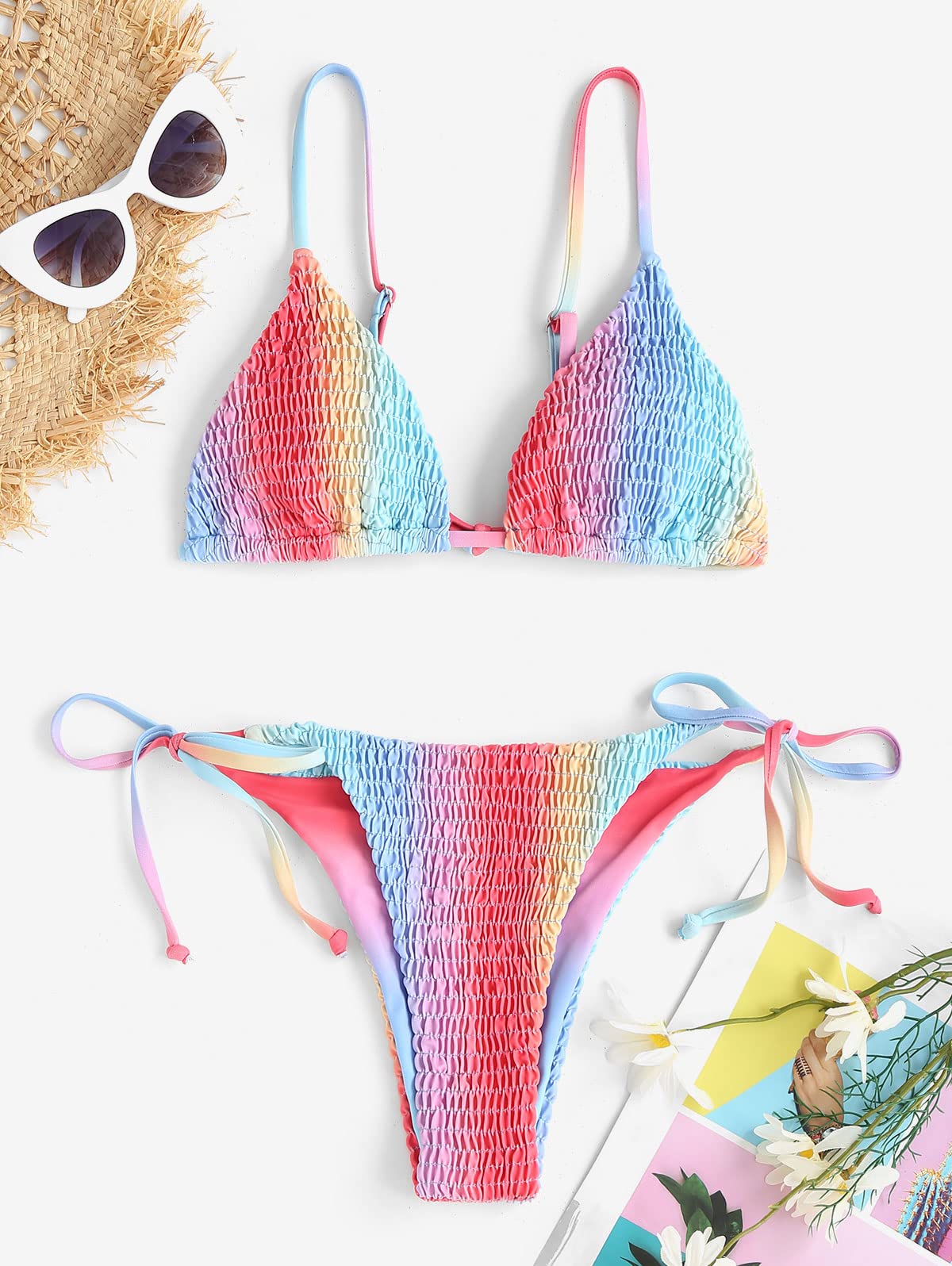 ZAFUL Padded Bikini Set Tie-Dye Triangle Top Low Waist Swim Shorts