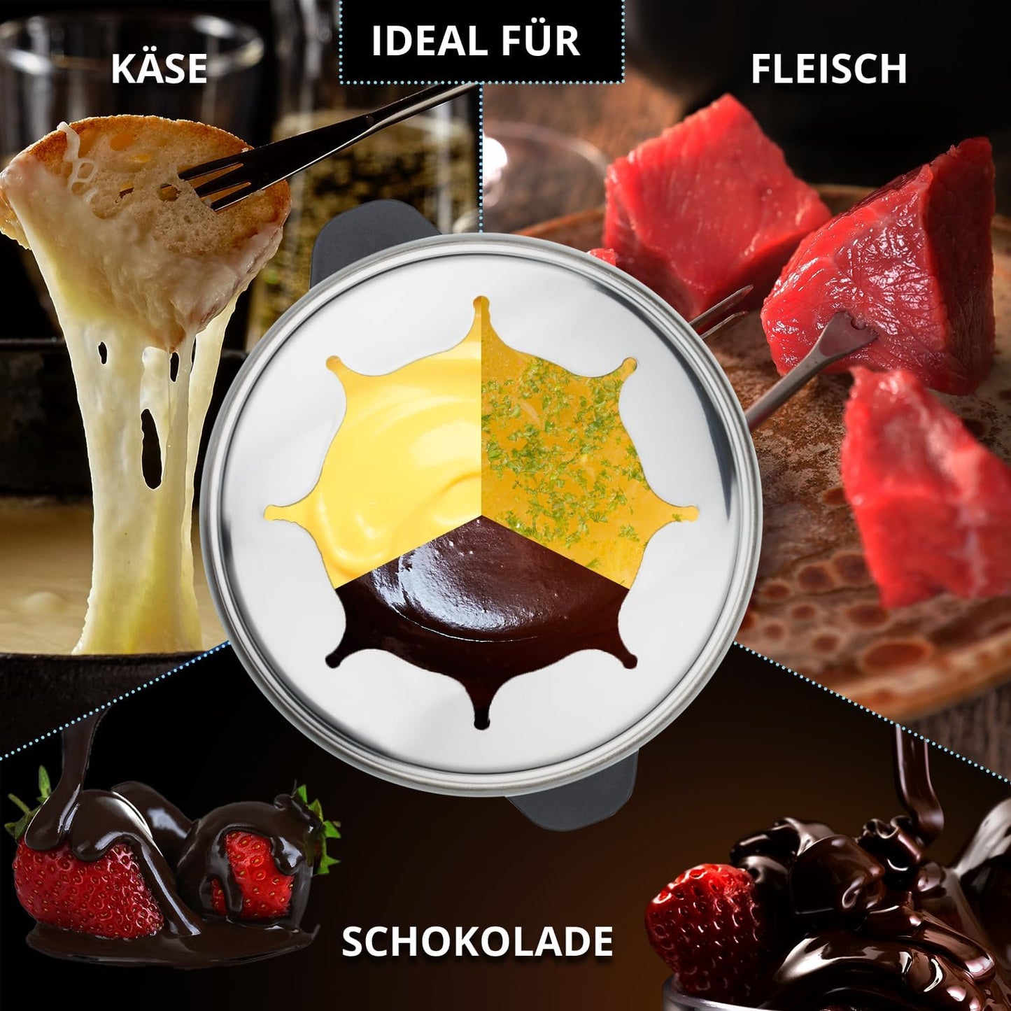 KHG Elektro-Fondue FO-800SE mit Edelstahl-Topf 1,8 L Silber für bis zu 8 Personen, variable Temperatureinstellung, 25x16cm Ideal für Fleisch, Käse oder Schokolade mit 8 Gabeln Spritzschutz 800 W