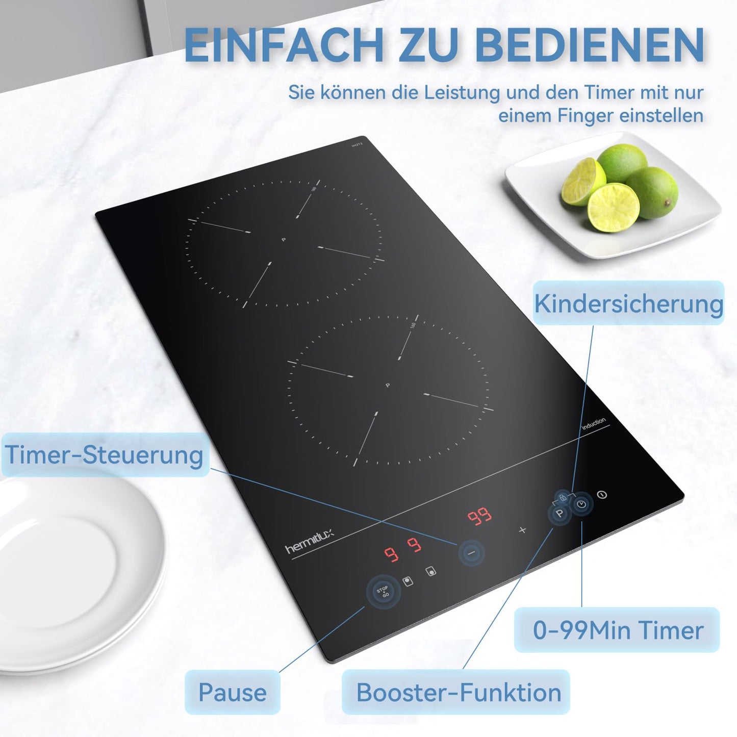 Hermitlux ceramic hob,Built-in 29 cm black glass ceramic electric hob,9 power levels,Sensor touch control, child lock, 1-99 minute timer,Suitable for all pots and pans