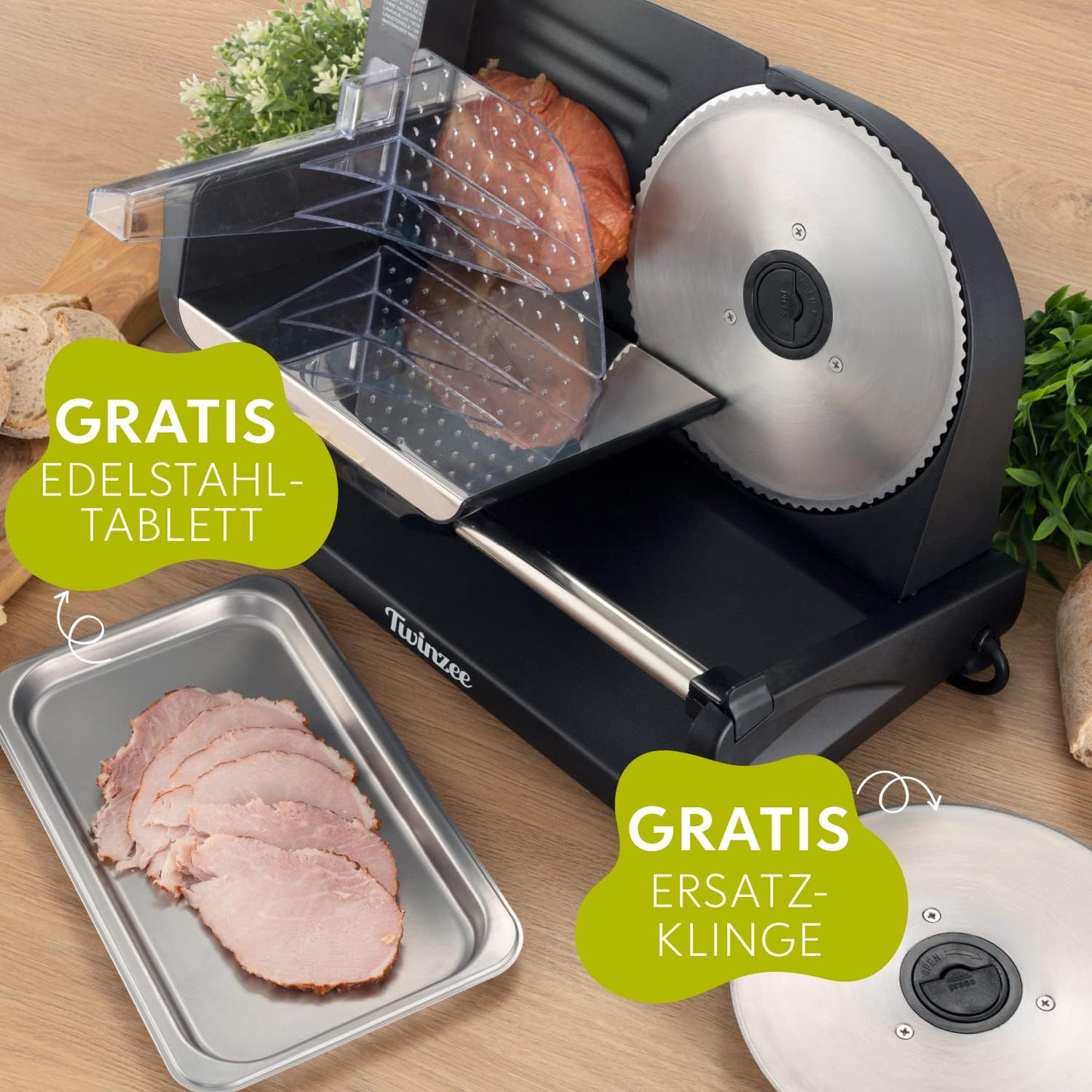 Elektrischer Allesschneider Edelstahl - Verstellbare Küchenmaschine 0 bis 15mm - 2 Klingen - Wurstschneidemaschine - Brotschneidemaschine, Schinkenschneider, Elektrisches Messer Fleisch & Käse
