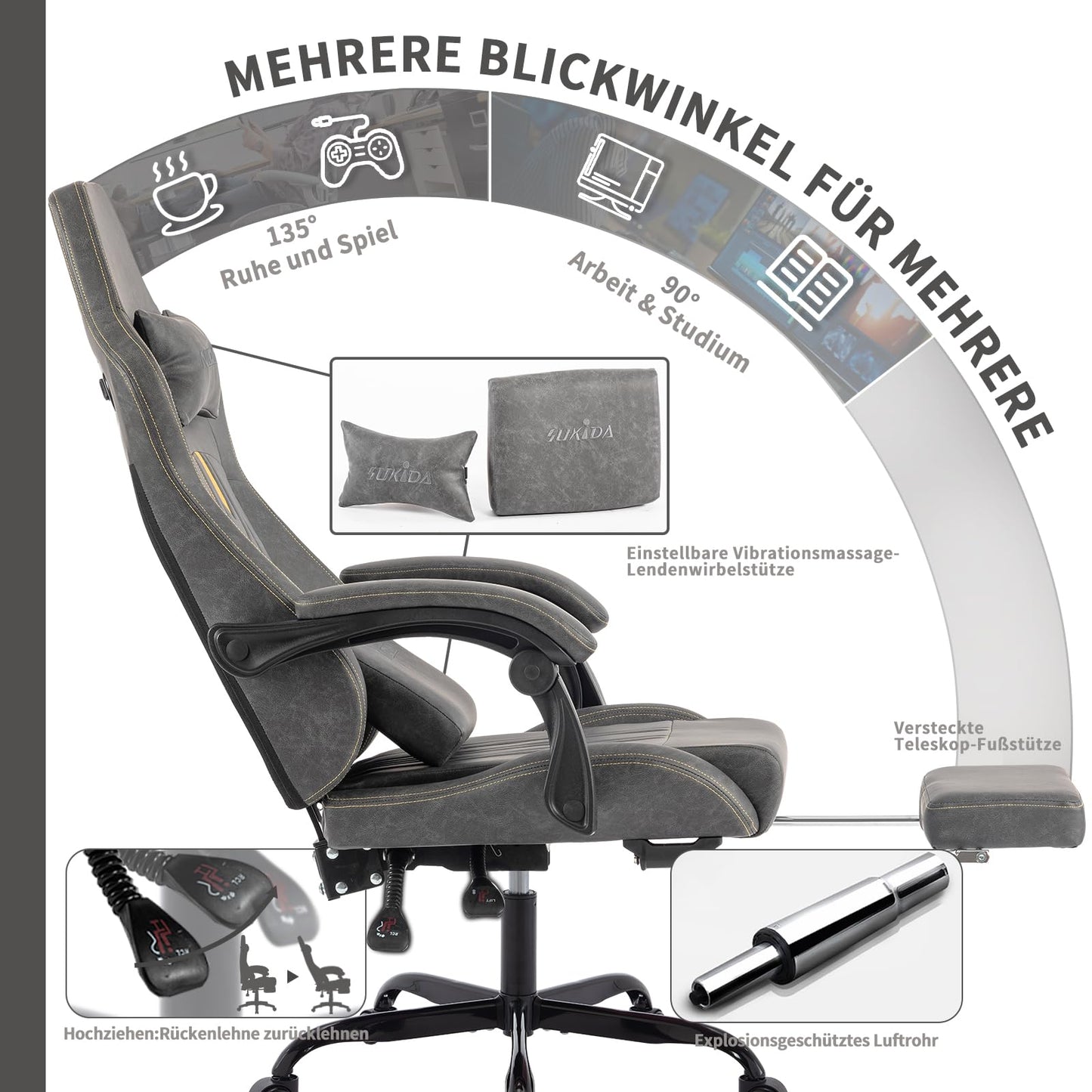 SUKIDA Gaming Stuhl Computerstuhl Ergonomischer Gaming Chair mit Fußstütze Bürostuhl Ergonomischer Computerstuhl mit Lendenwirbelstütze Schwarz