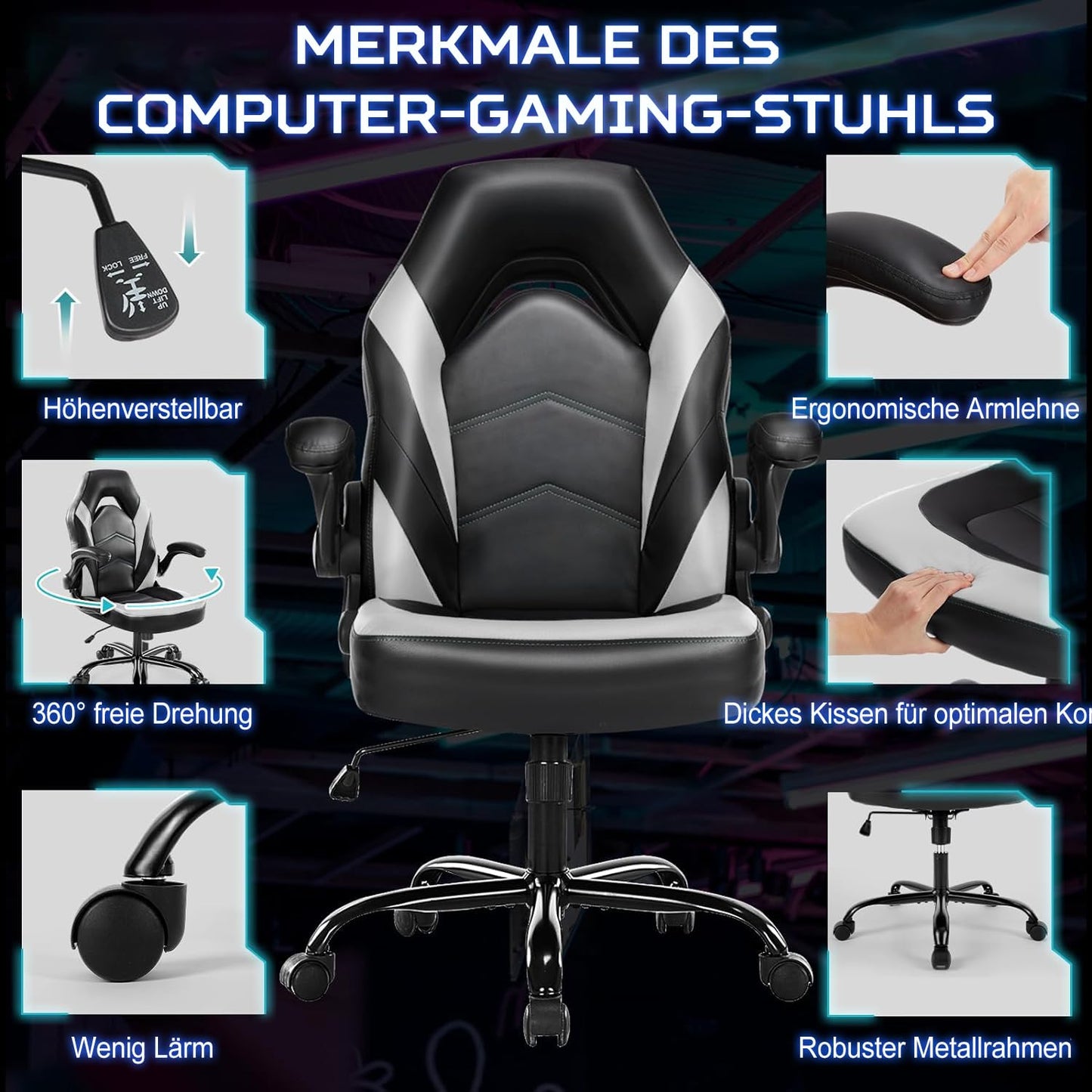 DUMOS Gaming Chair - Ergonomic Gaming Chair, Adjustable Swivel Gaming Chair Made of PU Leather with Folding Armrests, Suitable for Home, Offices etc. (Black-Gray)