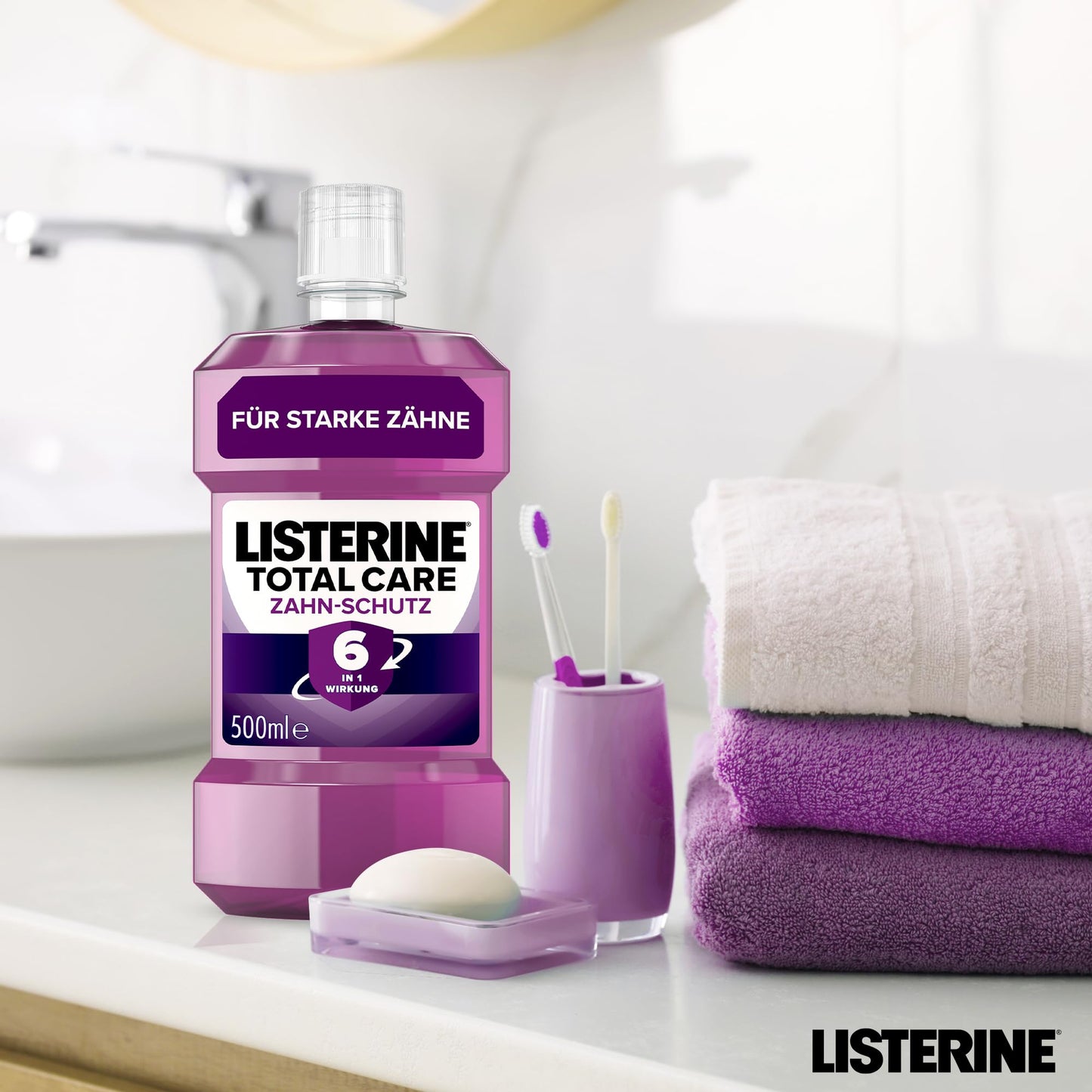 LISTERINE Total Care Zahn-Schutz (6 x 500 ml) - Testsieger Stiftung Warentest, 6 in 1 Wirkung, 24h frischer Atem, schützt gegen Karies & Zahnfleischprobleme, antibakterielles Mundwasser