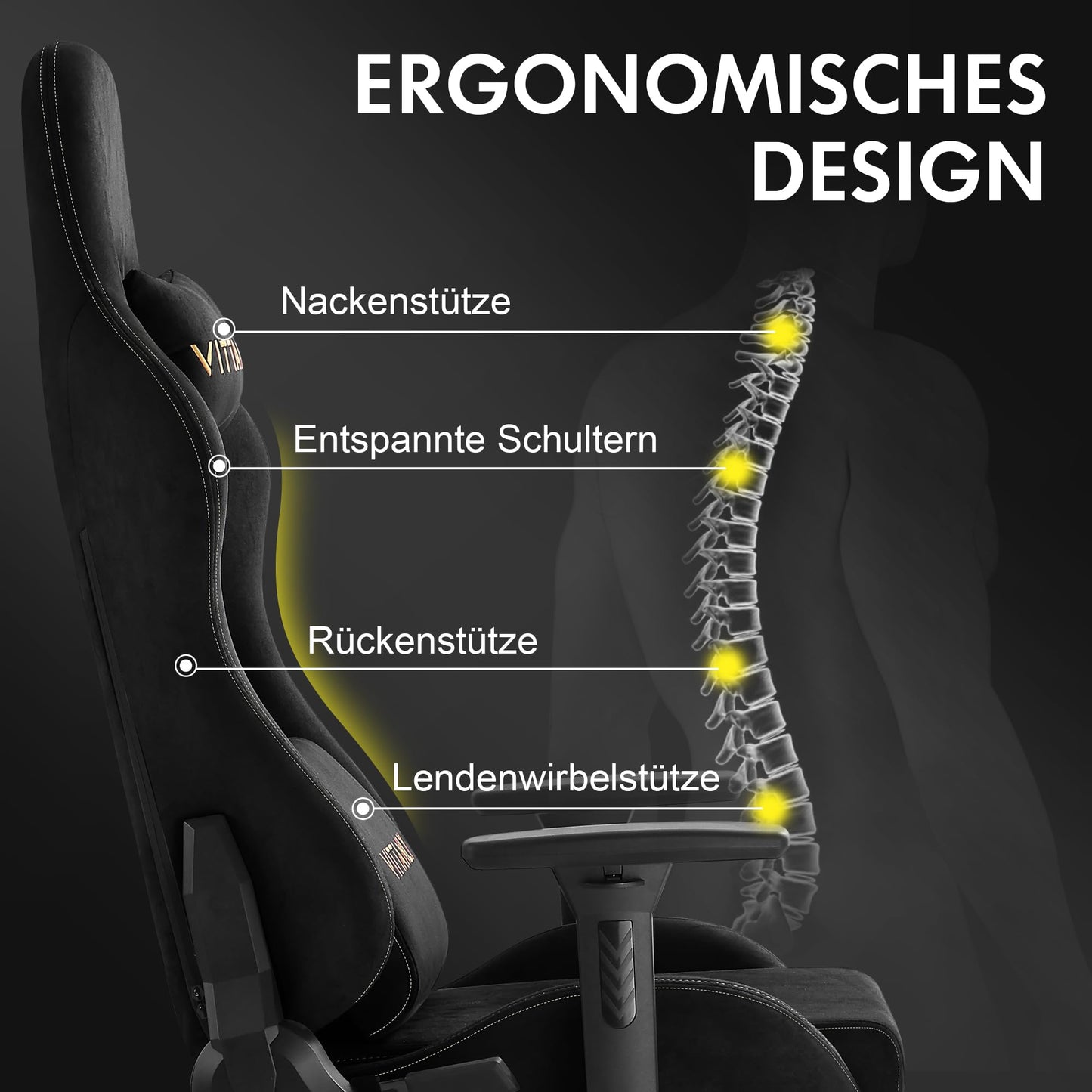 Vittanly Gaming Chair, Luxurious Breathable Imitation Suede Office Chair Gaming Chair, Ergonomic Gamer Chair with Footrest Headrest and Lumbar Cushion, 3D Armrests, 90-155° Backrest, Gray