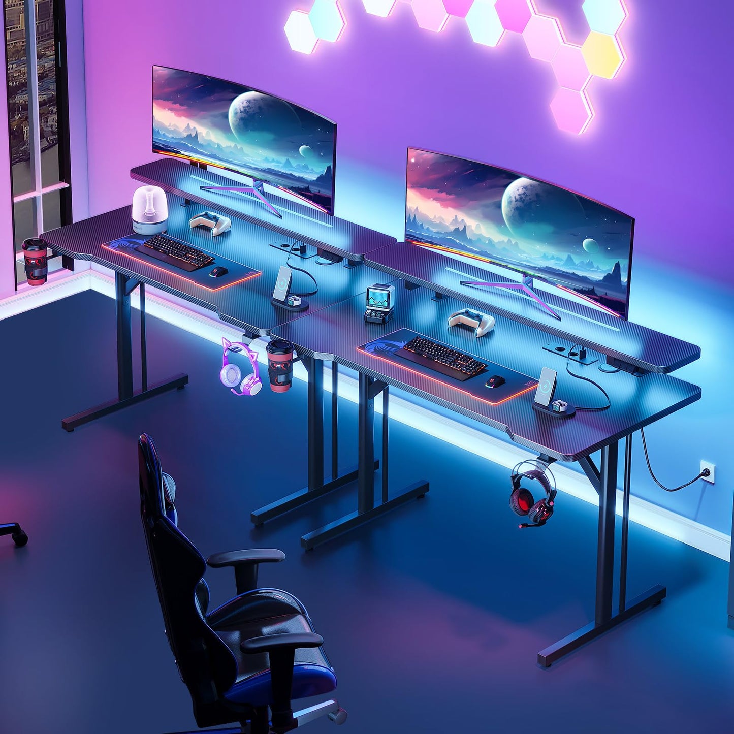 ODK Gaming Tisch, Kleiner Gaming Schreibtisch mit LED Beleuchtung & Steckdosen, Computertisch mit Monitorablage, Carbon Fiber Schwarz PC Gamer Tisch 100cm