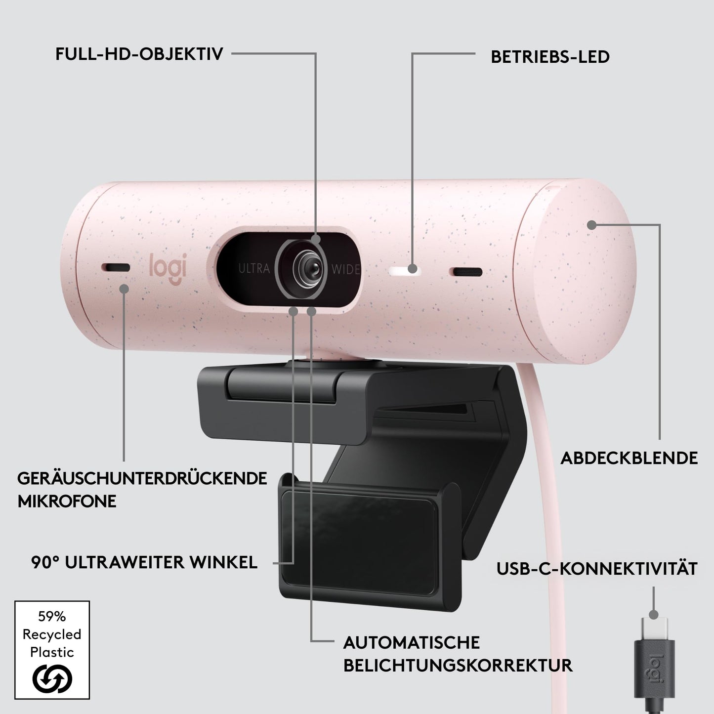 Logitech Brio 500 Full-HD-Webcam mit Auto-Lichtkorrektur, Zeigemodus, Doppelmikrofon + Rauschunterdrückung, Webcam-Abdeckung, für Microsoft Teams, Google Meet, Zoom, USB-C-Kabel - Graphit