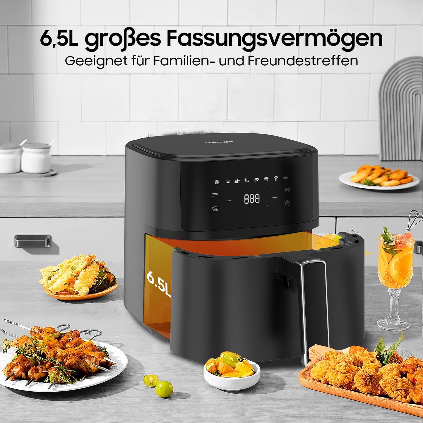 iceagle Heißluftfritteuse 6,5 L Airfryer XL - Fritteuse Ohne Fett mit Metallinnenraum | 1700W Heissluftfriteuse mit 8 Kochprogramme, Digitalem Display, mit deutschem Rezeptbuch