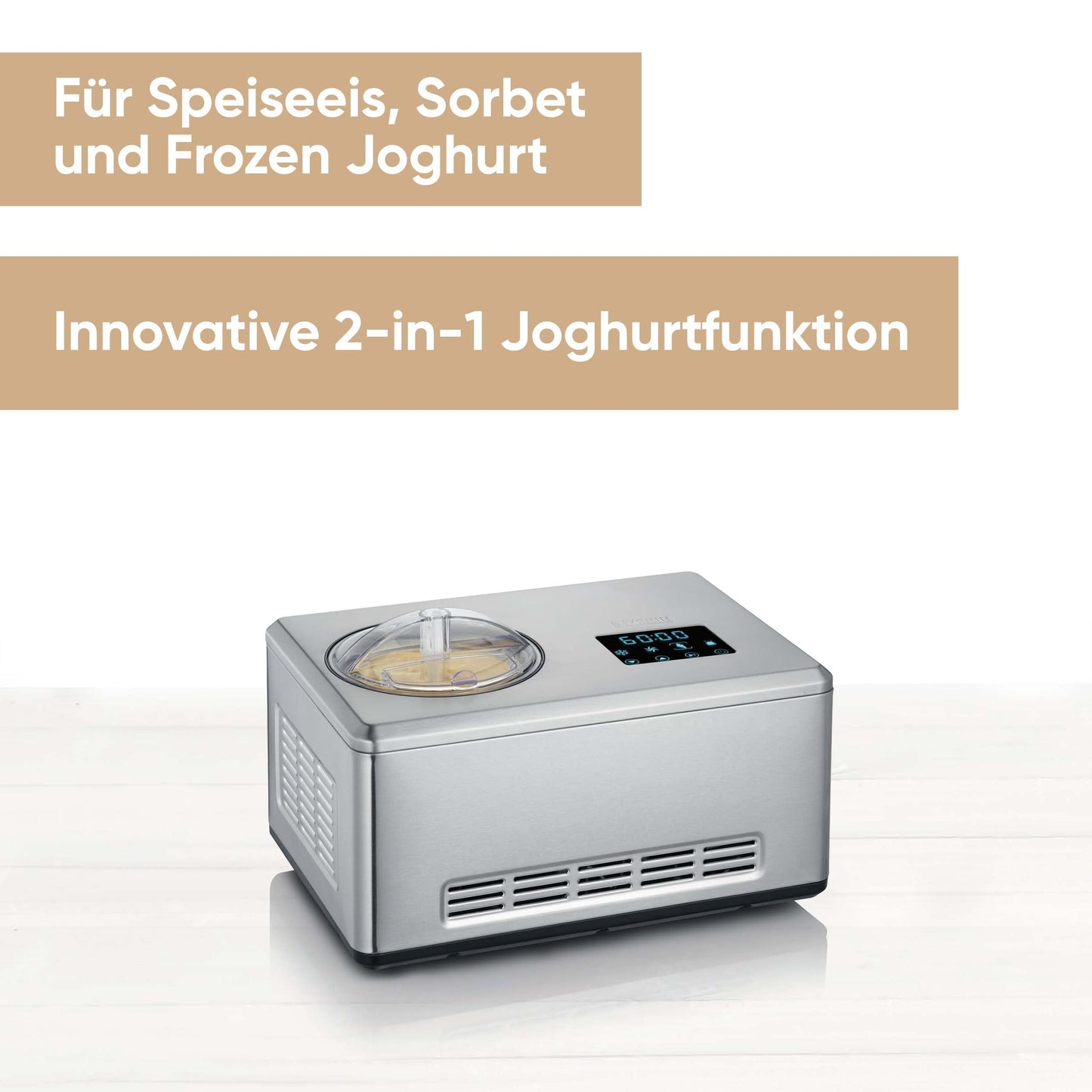 SEVERIN 2-in-1 Eismaschine mit Joghurtfunktion, Eismaschine mit Kompressor für Eis, Sorbet und Frozen Joghurt, Joghurtbereiter mit "warm & cold"-Funktion, Edelstahl-gebürstet, EZ 7405