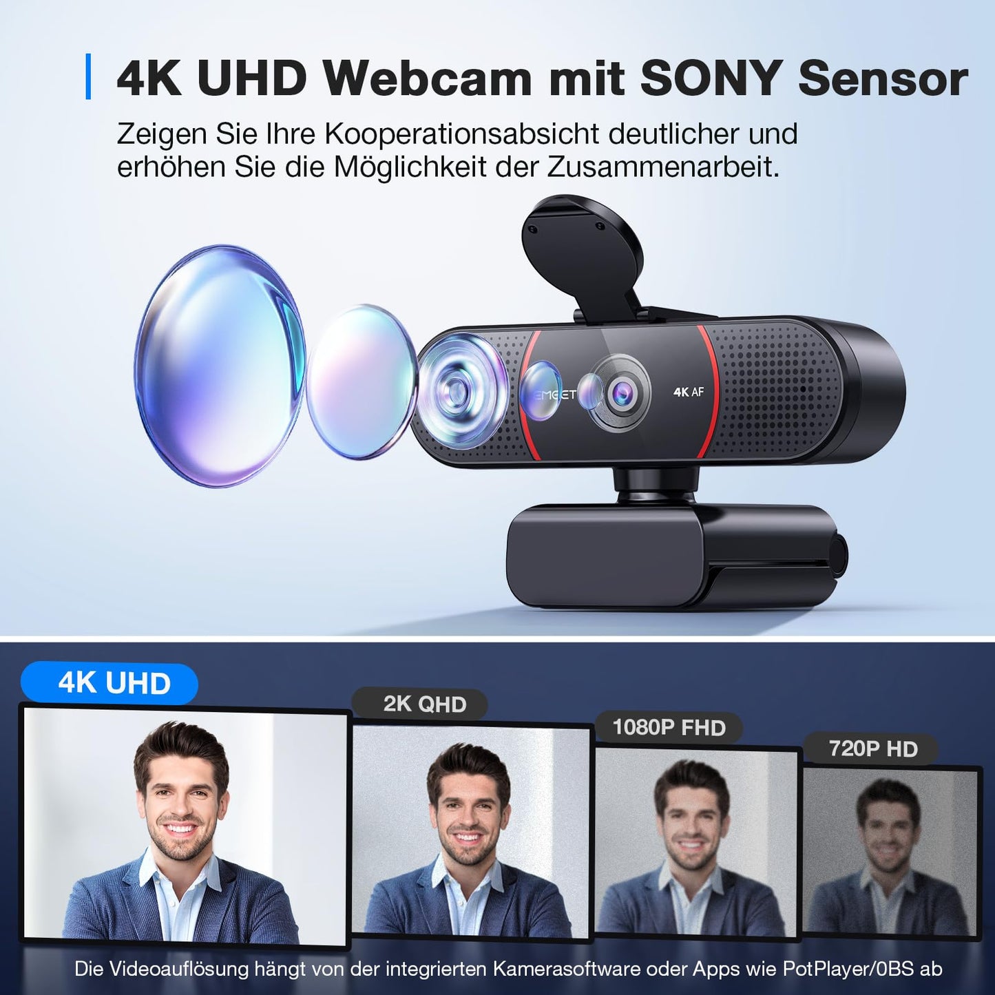 EMEET Full HD Webcam - C960 1080P Webcam mit Objektivabdeckung & Dual Mikrofon, 90 ° Streaming Kamera mit Automatische Lichtkorrektur, Plug & Play, für Linux, Win10, Mac OS