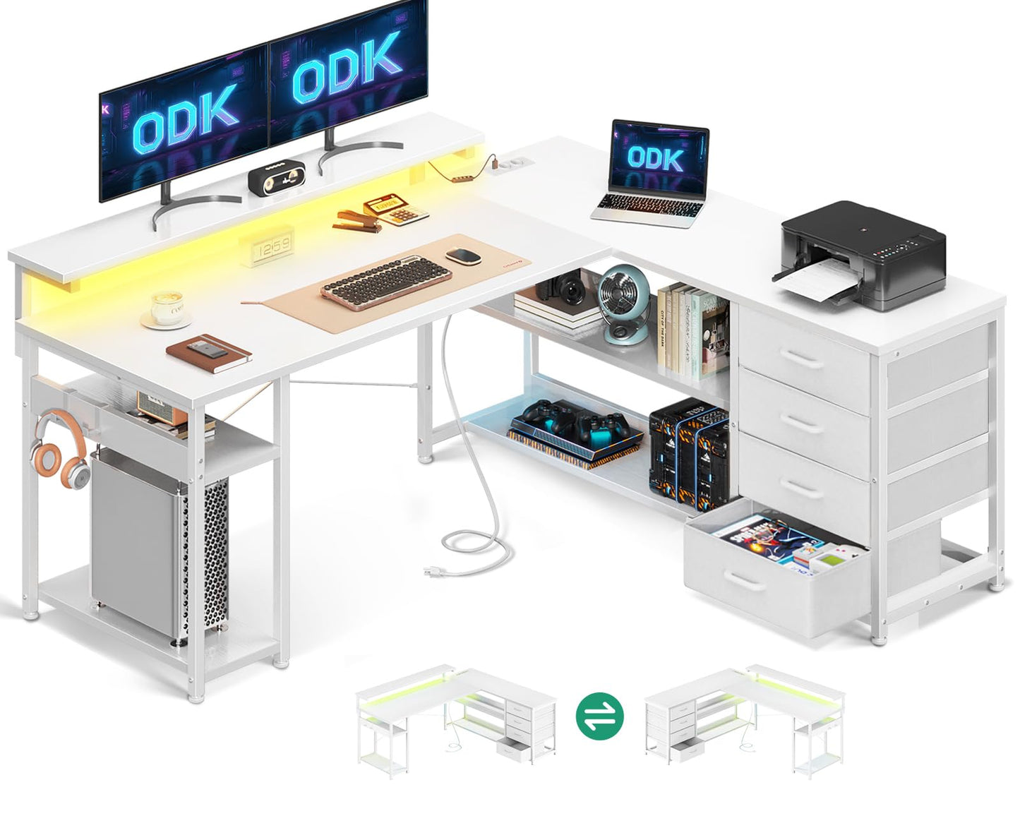 ODK Schreibtisch mit Schubladen, Reversible Eckschreibtisch mit 2 Steckdosen und 2 USB Ladeanschluss, Bürotisch L Form mit LED für Home Office 135×110cm (Schwarz)